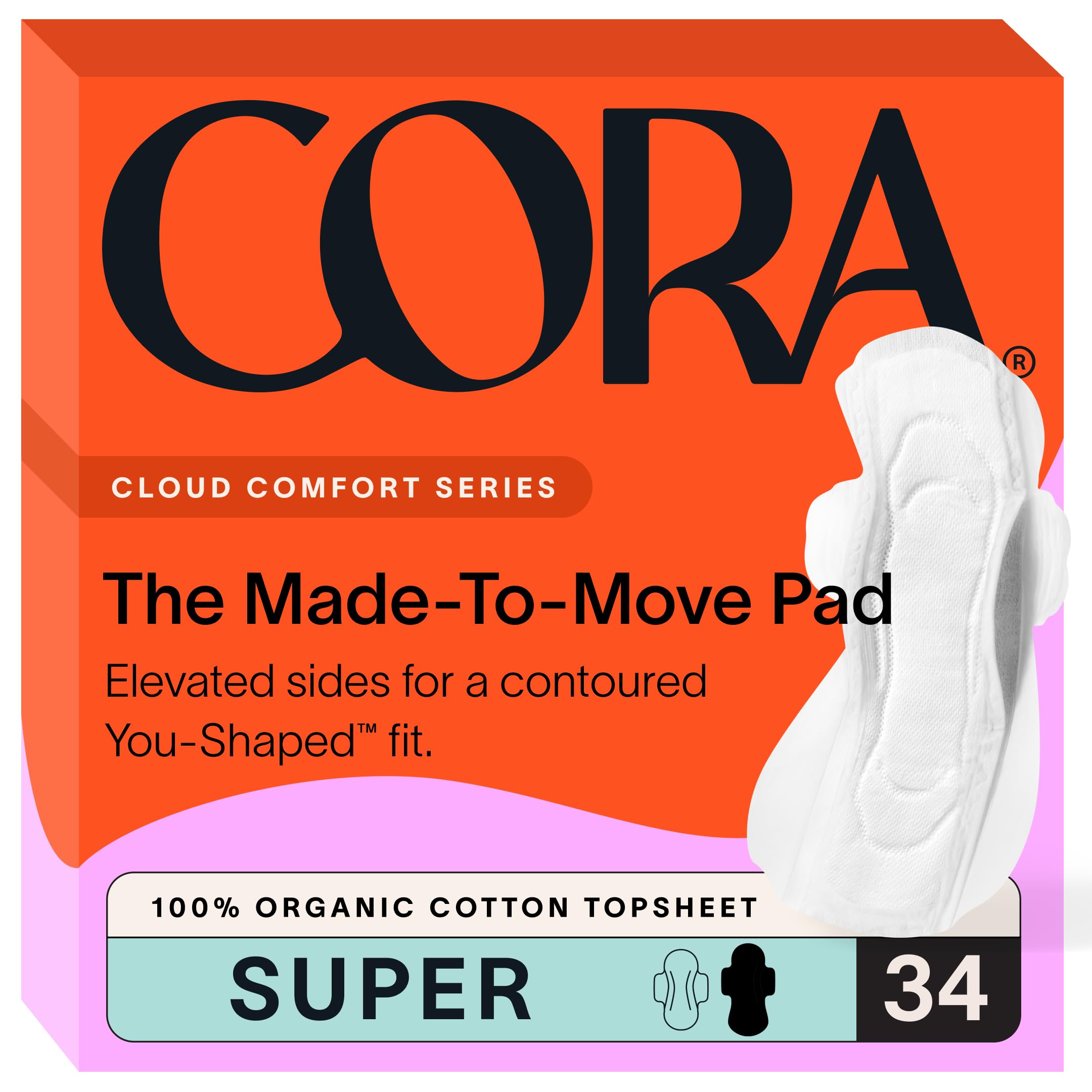 Cora Made-to-Move Regular Pads with Wings, Organic Cotton Topsheet Ultra Thin Feminine Care Pads for Women, Soft, Comfortable & Breathable Menstrual Pad, Super Absorbency, Unscented, 34 Count