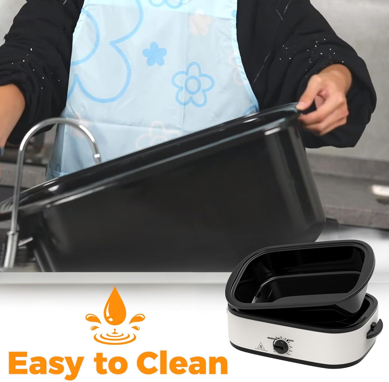 14 Quart Roaster Oven with Self-Basting Lid, Turkey Roasting Pan with Removable Roasting Rack, Turkey Defrost & Warm Function, Adjustable Temperature, Stainless Steel, White
