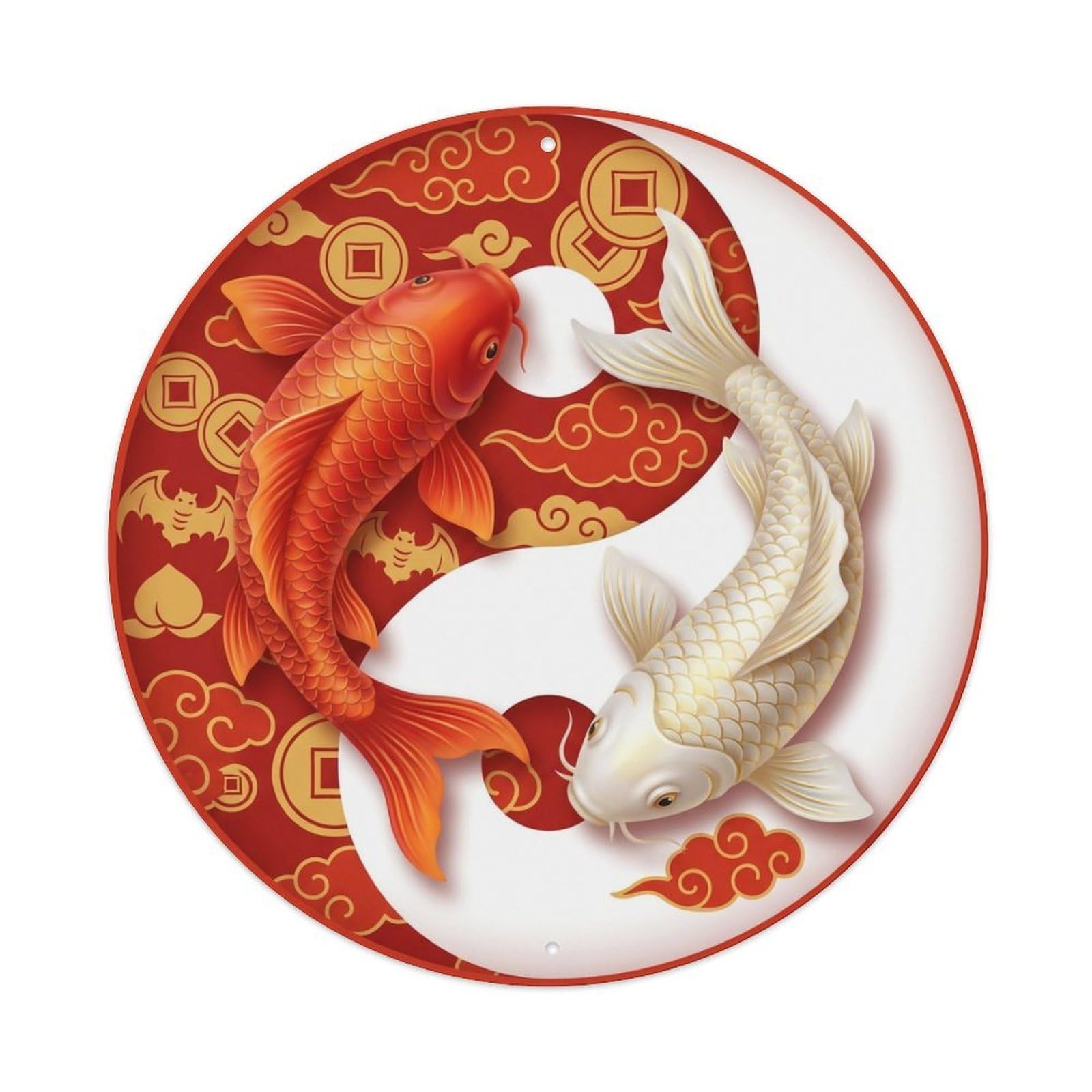 Tai Chi Koi Fish Vermillion Red Lucky Metal Tin Sign
