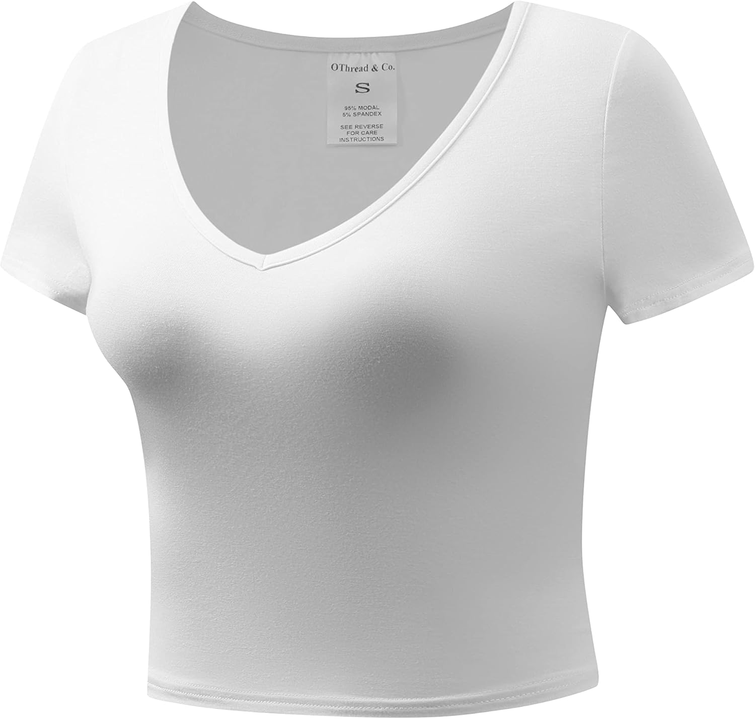 OThread & Co. Women's Short Sleeve V-Neck Crop Top Basic Comfy Stretch Tee - Image 2