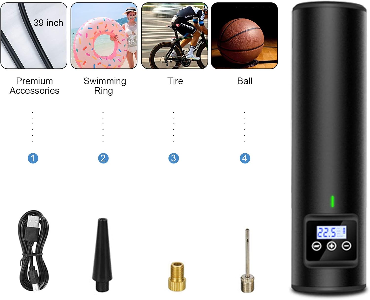 Jinkey Portable Tire Inflator, 150PSI Automatic Air Compressor Pump with Gauge Multifunctional Digital Tire Pump for Car Truck Bicycle Inflatable Balls USB Rechargeable with LED Lights (Black): Sports & Outdoors