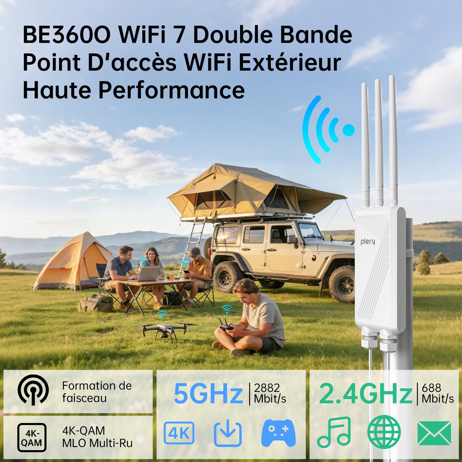 Repeteur WiFi Exterieur WiFi 7 BE3600 Point d'accès WiFi avec POE | Double Bande 5GHz 2.4GHz 3 Gigabit Port Répéteur WiFi Puissant Amplificateur WiFi Extérieur avec 3 Antenne WiFi Longue Portée