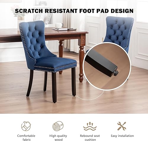 Miniatura 5 de Juego de 4 sillas de comedor de terciopelo, sillas de comedor tapizadas con ribete de anillo y botón trasero, asientos modernos para cocina, comedor