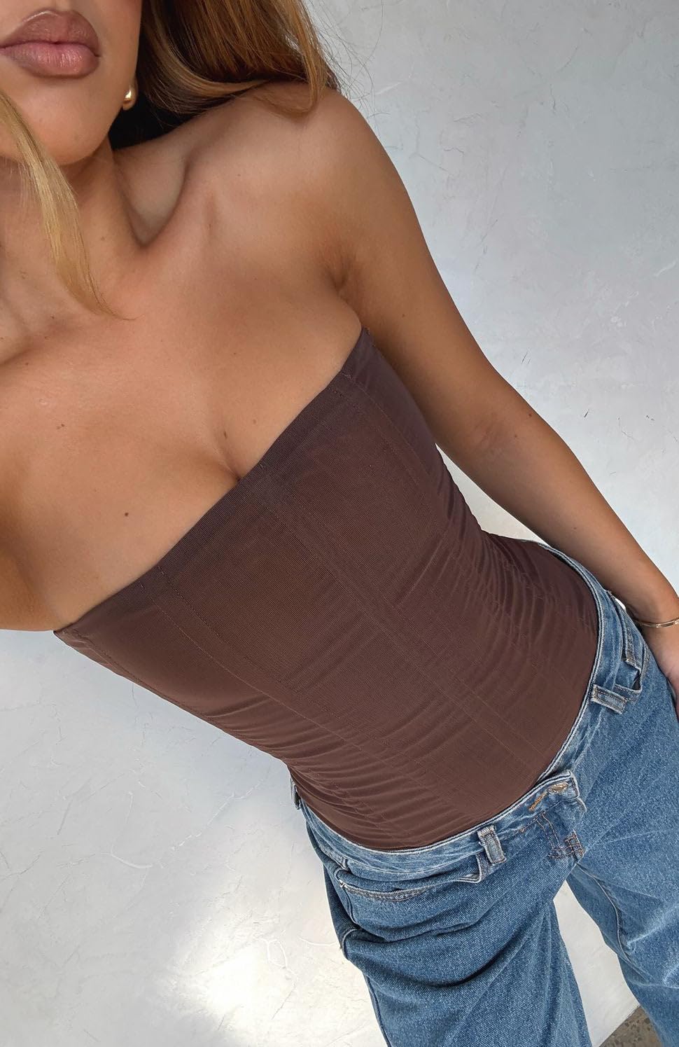 Faretumiya Women Floral Lace Corset Top Strapless Lace Up Bustier Tube Top Mesh Boned Corset Overbust Tops - Image 3