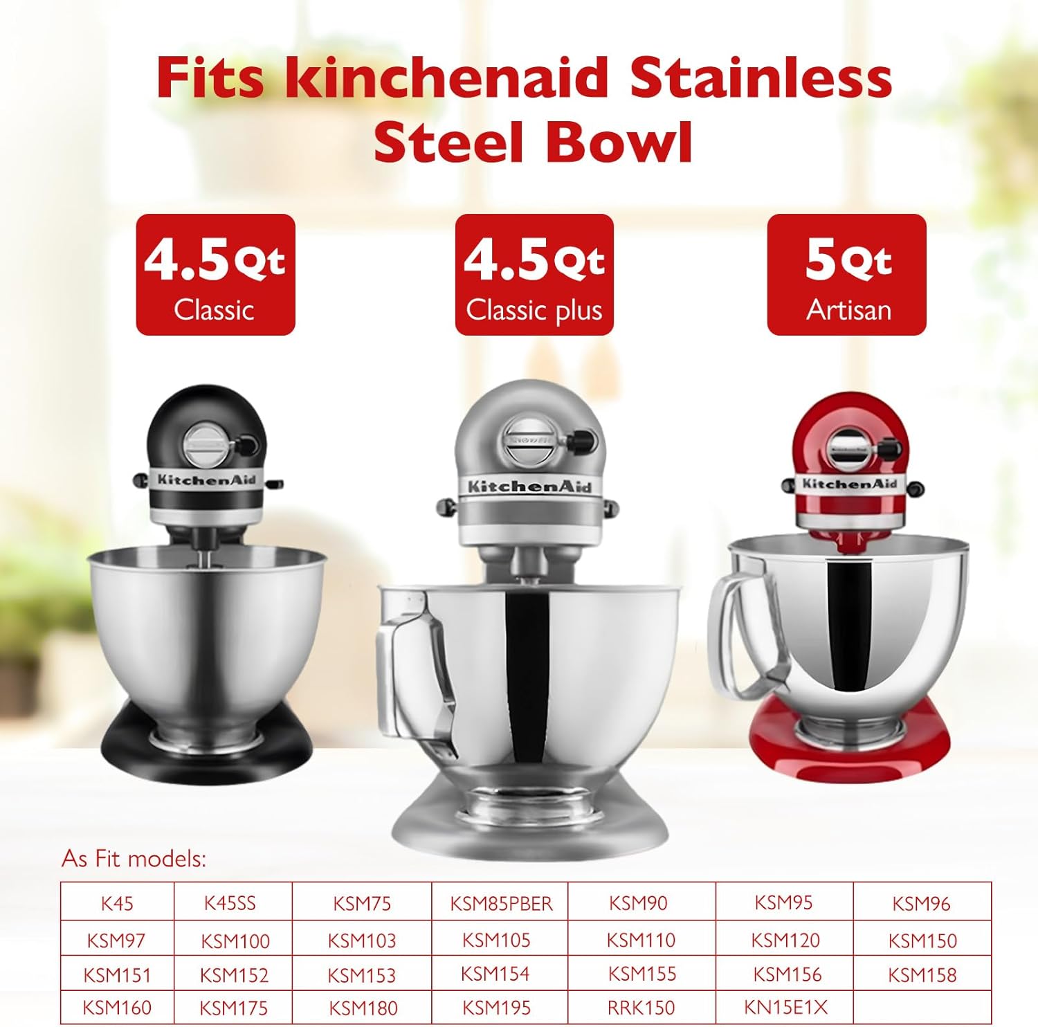 5 Quart Stainless Steel Mixing Bowl With Handle and Lid - Compatible with KitchenAid 4.5-5 QT Tilt-Head Stand Mixers (Classic & Artisan Series), Replacement Bowl for Models K45, K45SS, KSM150, KSM75