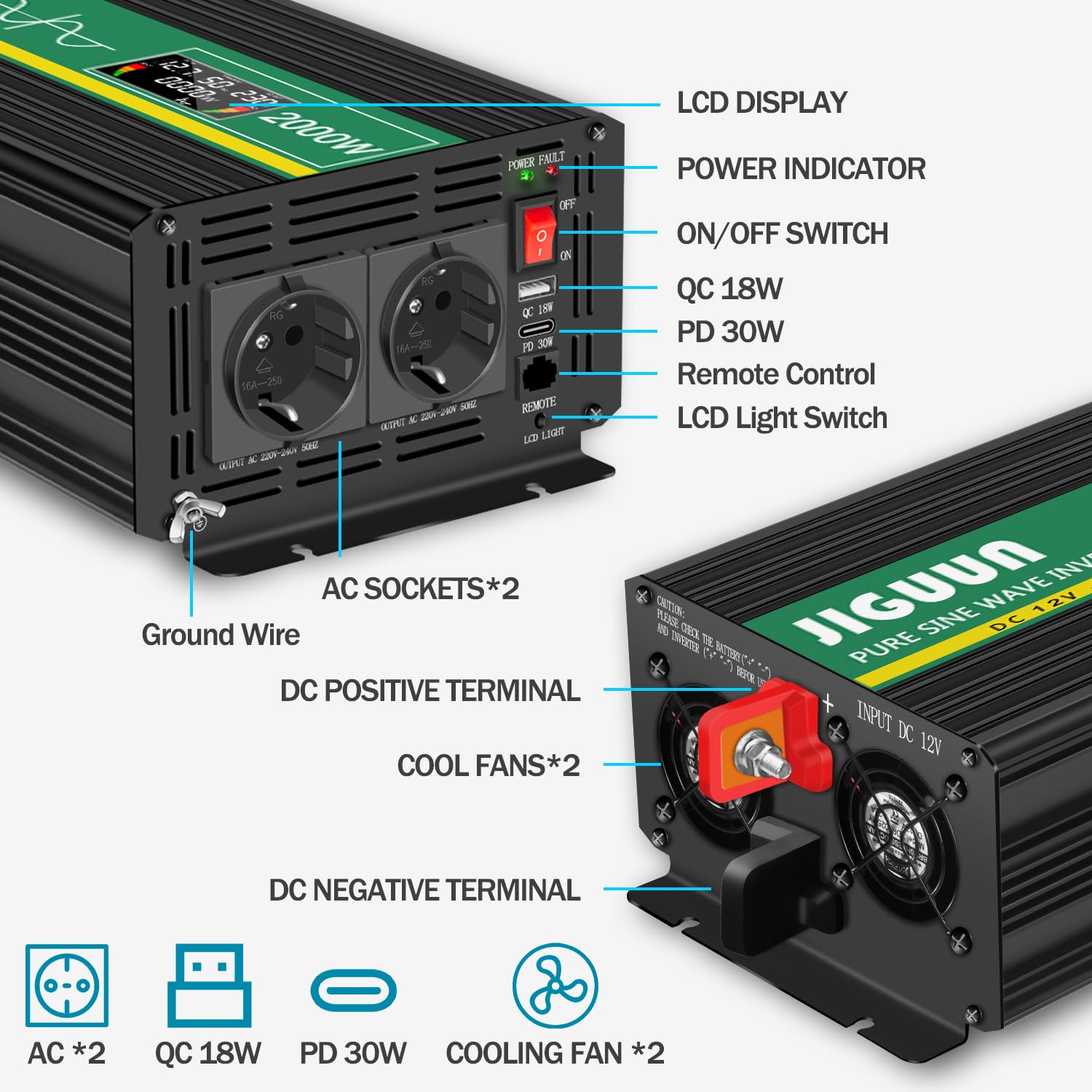 JIGUUN Konwerter mocy 2000 W/4000 W 12 V na 230 V z czystym sinusoidalnym sterowaniem wyświetlacz LCD 2 gniazdko UE i 1 port USB do samochodu, na kemping, w podróży, w nagłych wypadkach