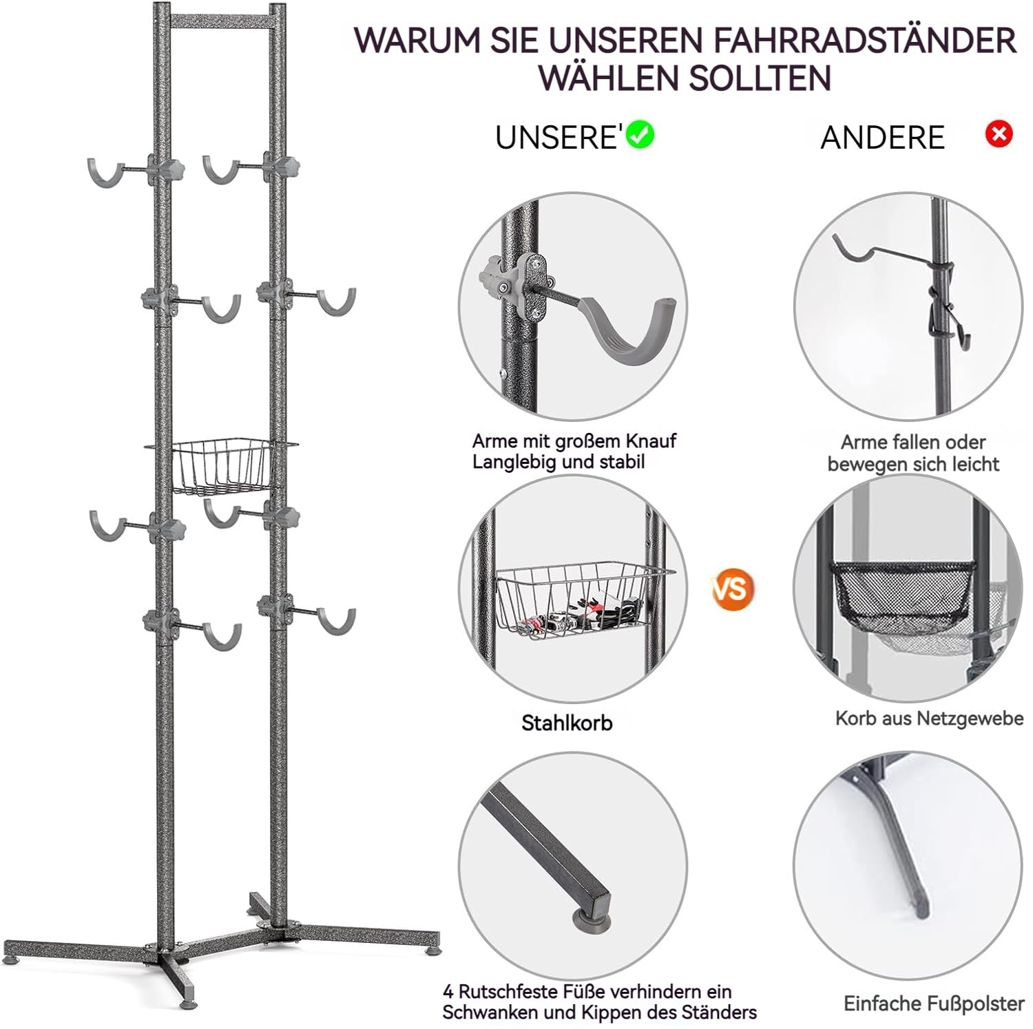 CXWXC Fahrradständer Boden Für 4 Fahrräder Belastbar bis 70kg/160 Pound Fahrrad Ständer Halter Indoor Garage Lagerung im Freien…