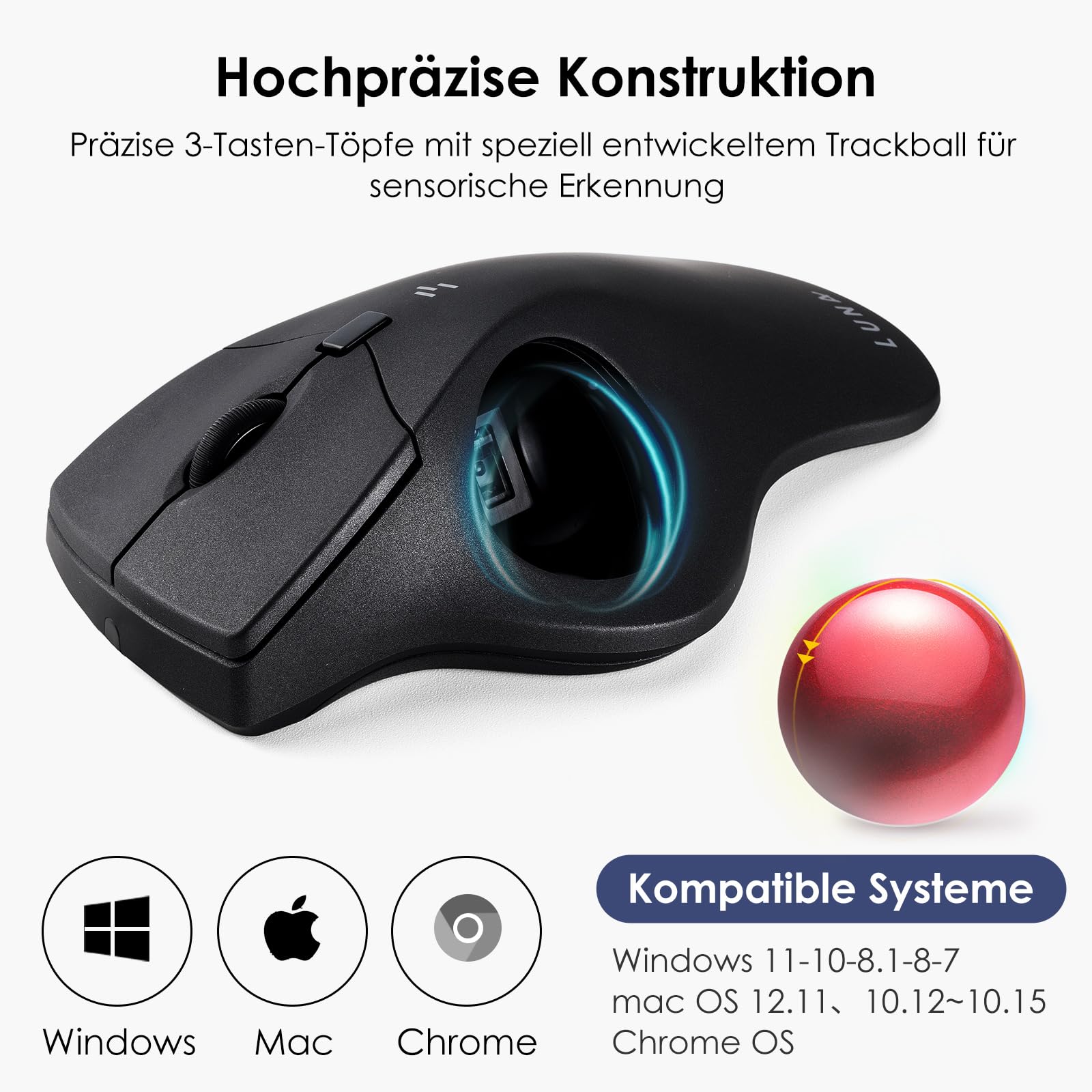SANWA Trackball Maus mit Kabel, Leise Klik Programmierbar Taste, 600/800/1200/1600 DPI, Kabelgebundene ergonomische TrackBall, Kompatibel mit Winows, Mac, PC, Schwarz, GMATB39