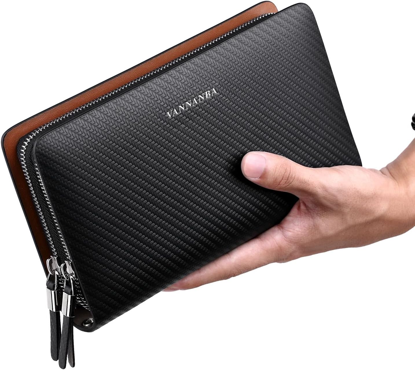 VANNANBA Men Clutch Wallet Large Leather Clutch Bag Business Double Zip Handbag Blue Black - Image 3