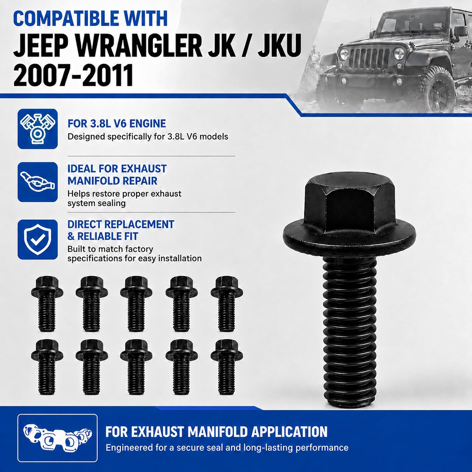 12 Pcs M8 Exhaust Manifold Header Bolt Kit for 3.8L V6, Compatible with Jeep Wrangler JK JKU 2007-2011