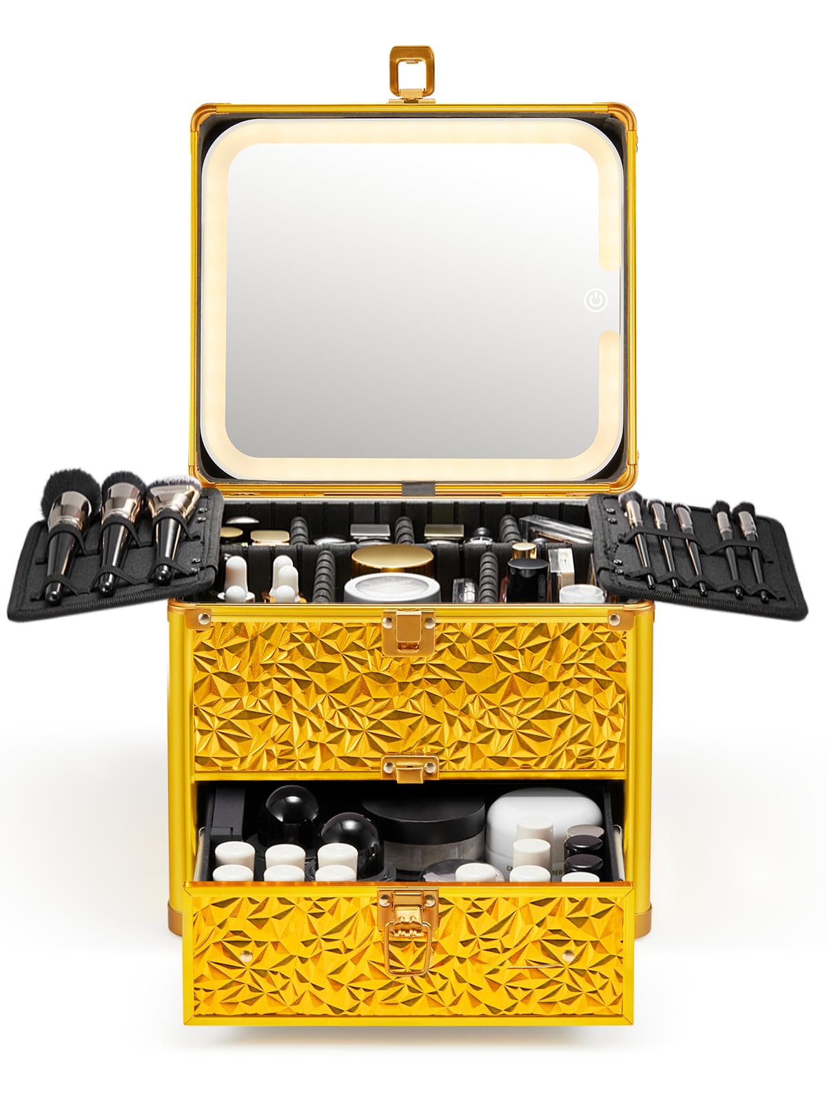 Qislee Make-up-Box mit Schublade und abnehmbarem beleuchtetem Spiegel, wasserdichter Reisekoffer, Kosmetik-Organizer und Make-up-Koffer mit verstellbaren Trennwänden, magnetischem LED-Spiegel
