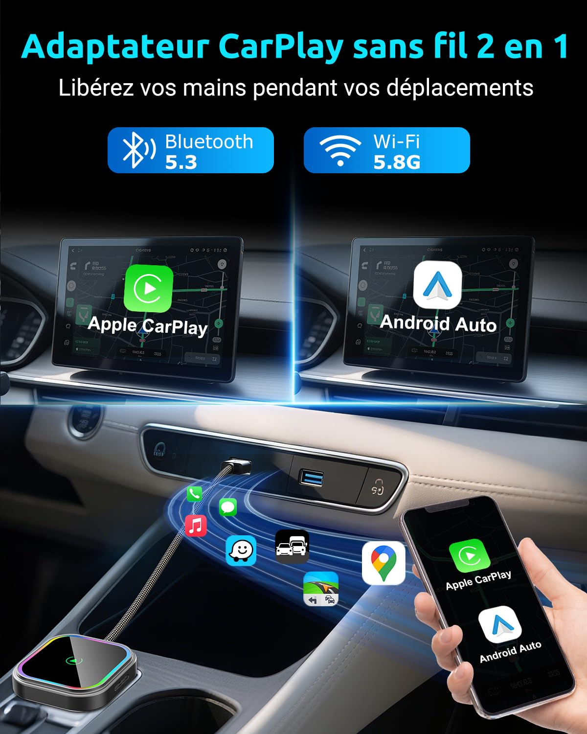ESSGOO Mini Adaptateur sans Fil pour Apple CarPlay/Android Auto, 2 en 1 Adapter CarPlay sans Fil Bluetooth avec Prise USB A/C,Compatible avec iOS 10+ et Android 11+,RGB à Commande Vocale,Plug and Play