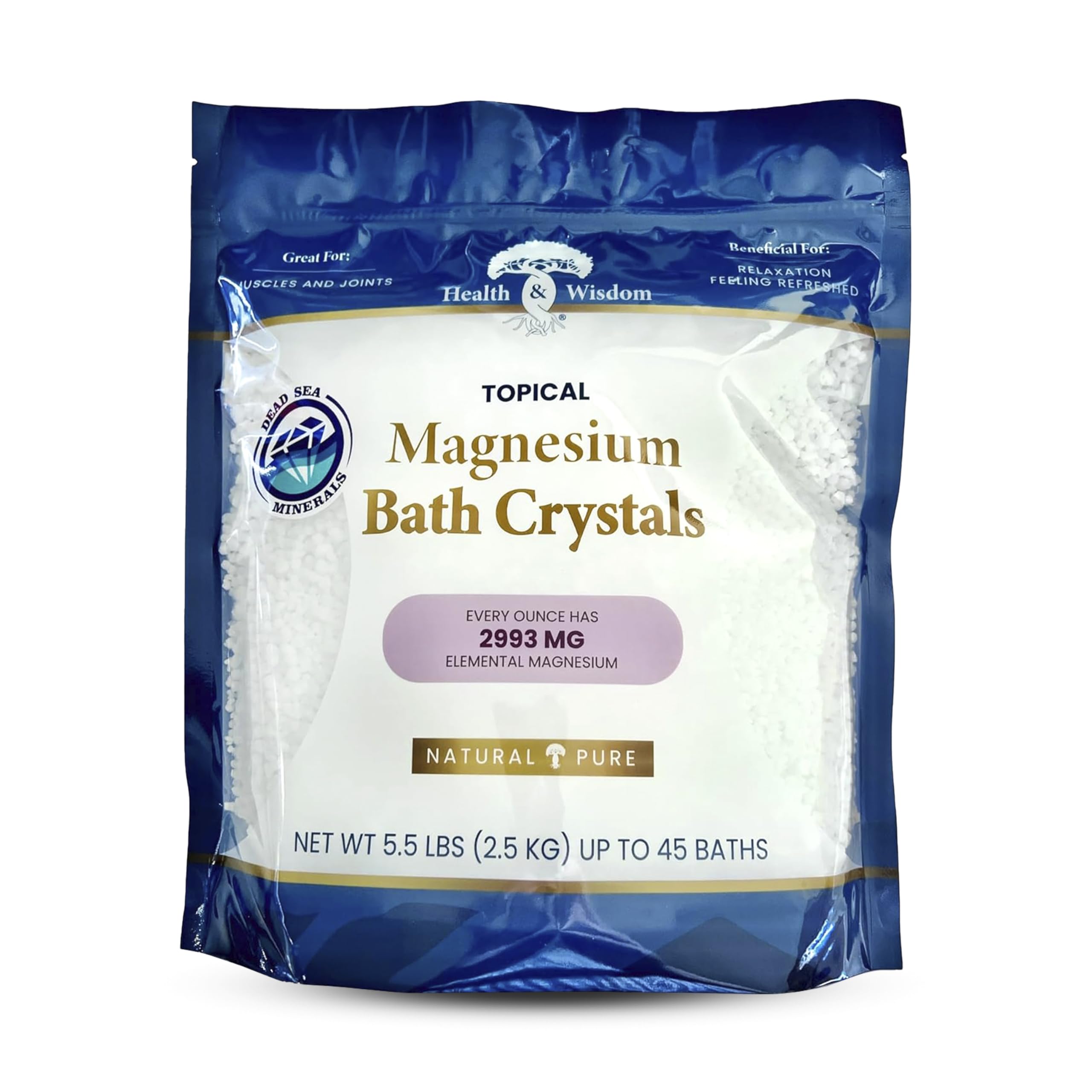 Health and Wisdom Magnesium Bath Crystals - Bath Salts with High Concentration & Enhanced Absorption for Muscle & Joint Relief - Dead Sea Sourced - Unscented - 5.5 lb Bag - Up to 45 Uses