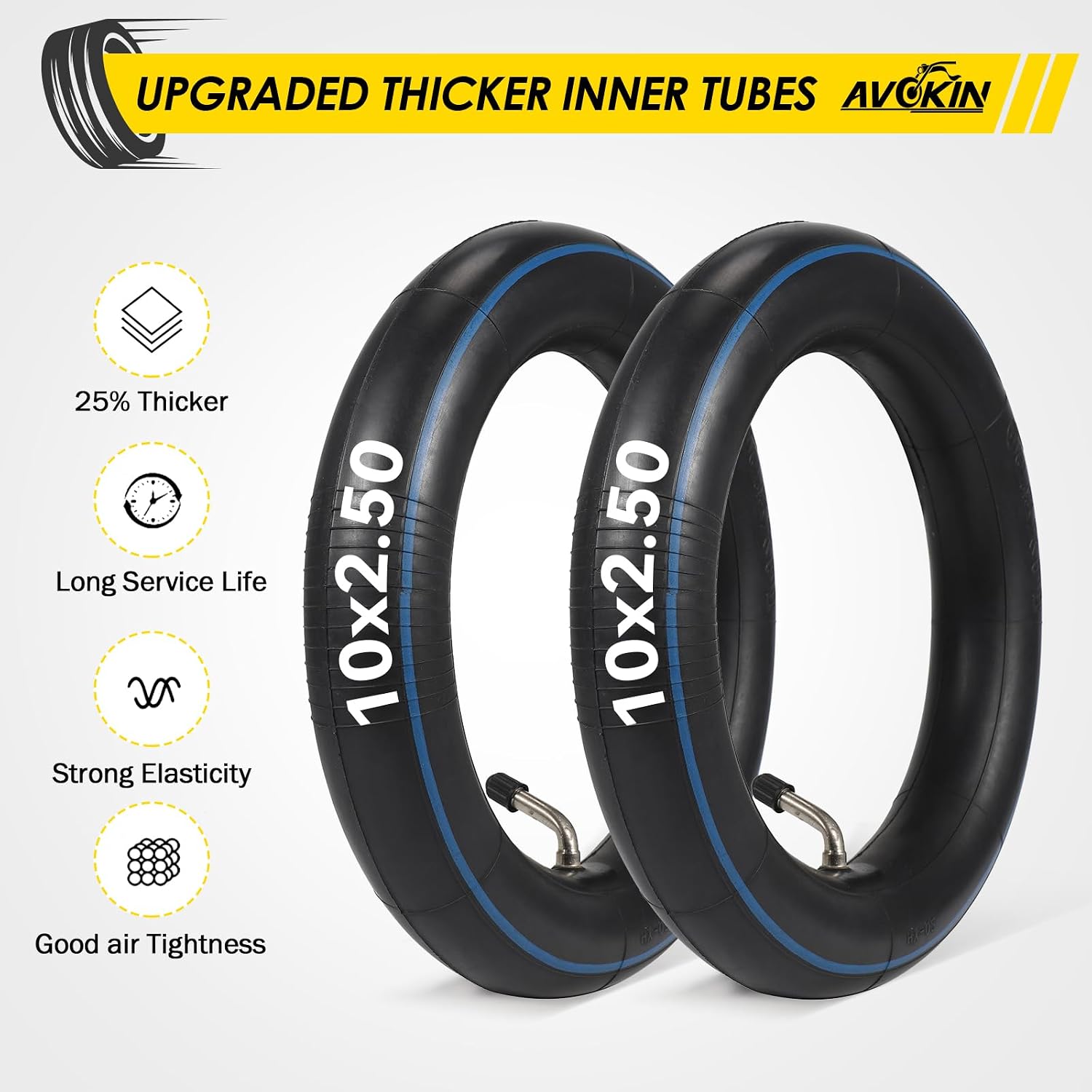 Heavy Duty 10x2.50 Thicker 40% Inner Tube with CR202 Bent Valve Stem,10 inch Butyl Inner Tube for Smart Self Balancing Electric Scooter 2 Pack