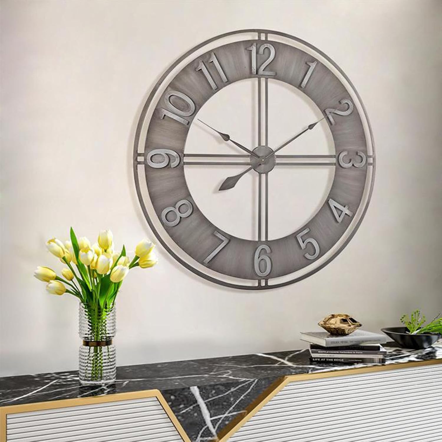 Wall Clock,Outdoor Clock,Garden Clock,3D Gear Vintage Industrial Silent Roman Numeral Hanging Clock, Open Face Metal Skeleton Clock Silent Wall Clock for Living Room, Patio(A-60cm)