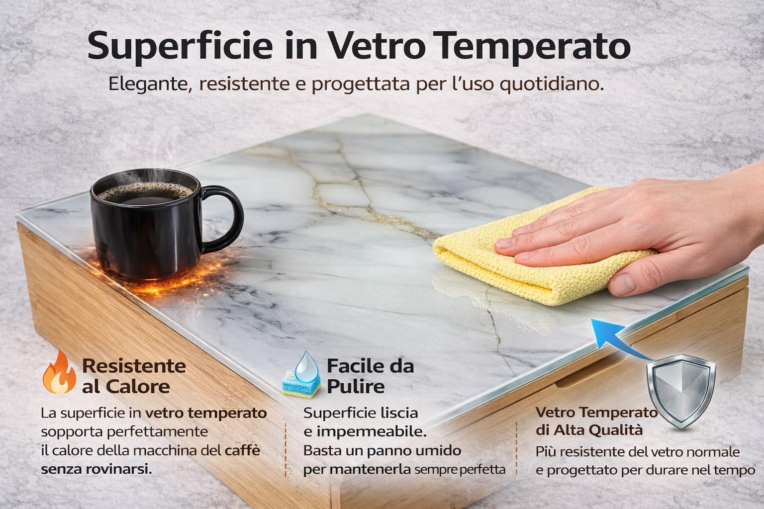 Porta Capsule Caffè con Cassetto in Bambù e Vetro Temperato Effetto Marmorizzato 30x30x10 cm - Supporto Macchina Caffè Salvaspazio
