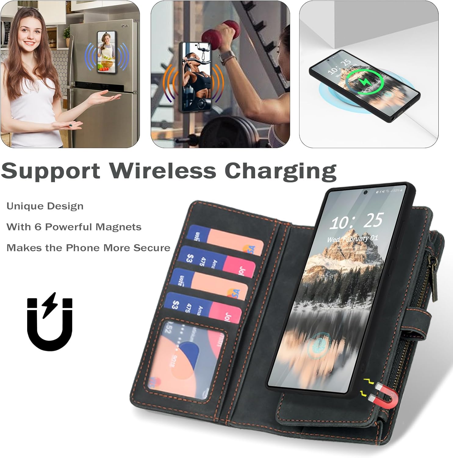 TwoHead for Samsung Galaxy S25 Ultra Wallet Case with Card Holder, Detachable Magnetic Phone Case for S25 Ultra,PU Leather All-Round Protective Phone Case Wallet with Wrist Strap,Black - Image 2