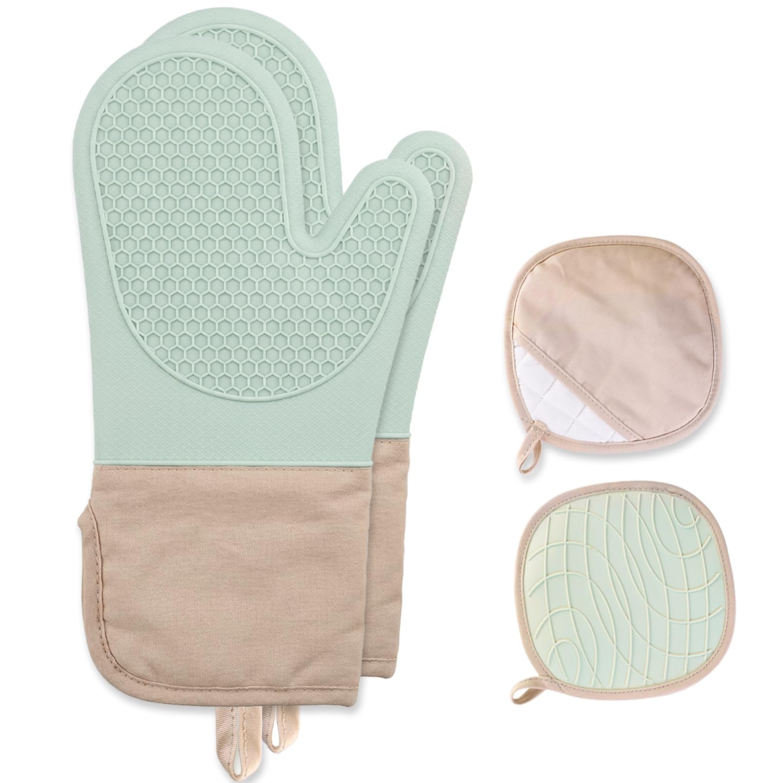 Lot de 4 gants de cuisine en silicone résistants à la chaleur avec doublure en coton doux matelassé, texture nid d'abeille, gants de cuisine antidérapants pour pâtisserie, grillades, barbecue, vert