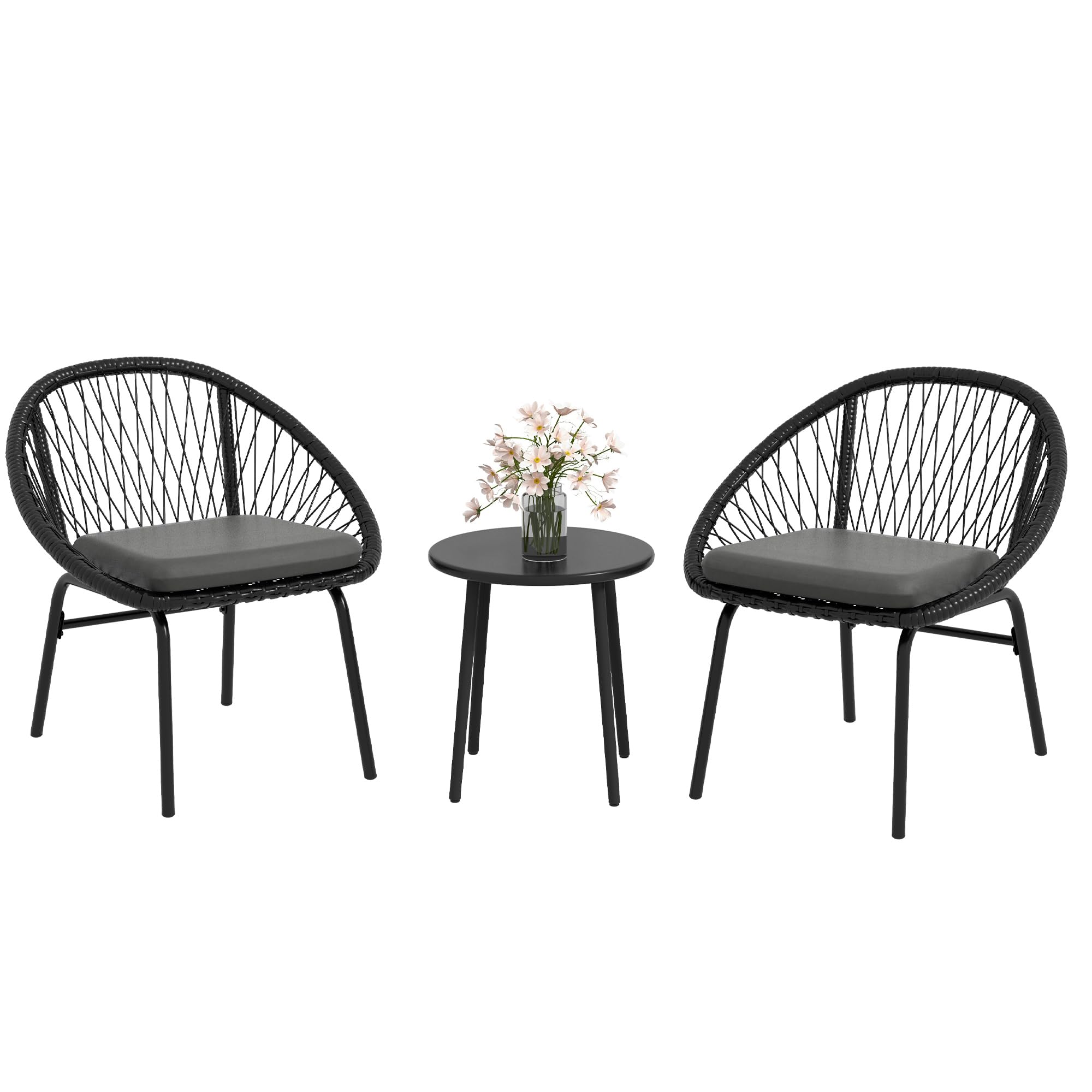 Outsunny 3 Pieces Rattan Bistro Set with Round Metal Top Coffee Table and Chairs, Washable Cushions, Wicker Garden Furniture Set for Outdoor, Patio, Balcony, Black