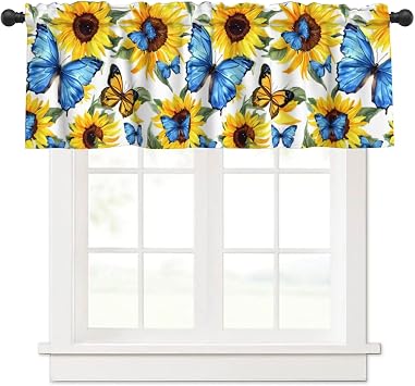 Valance for Windows Watercolor Sunflower Blue Butterfly Kitchen Curtains Valances Rod Pocket Yellow Petal Floral Window Treatment Short Topper Curtains 1 Panel, 54x18inch
