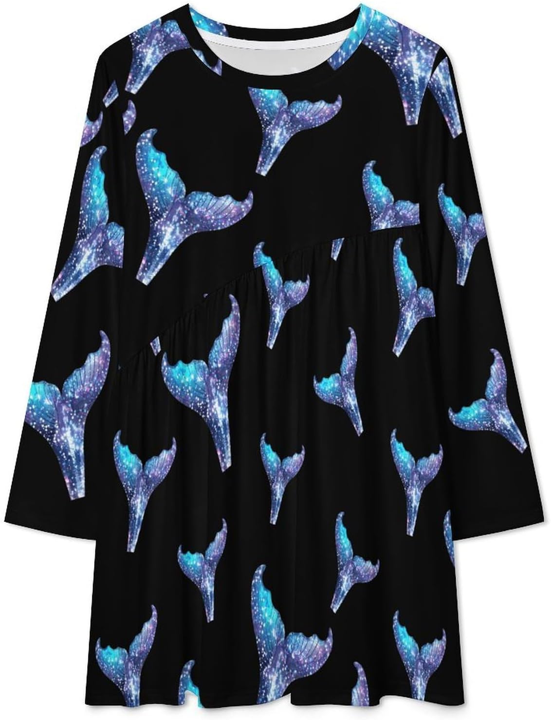 Glitter Whale Tail Women's Fleece Sleeve Sweatshirt Dress Long Pullover Casual Dresses