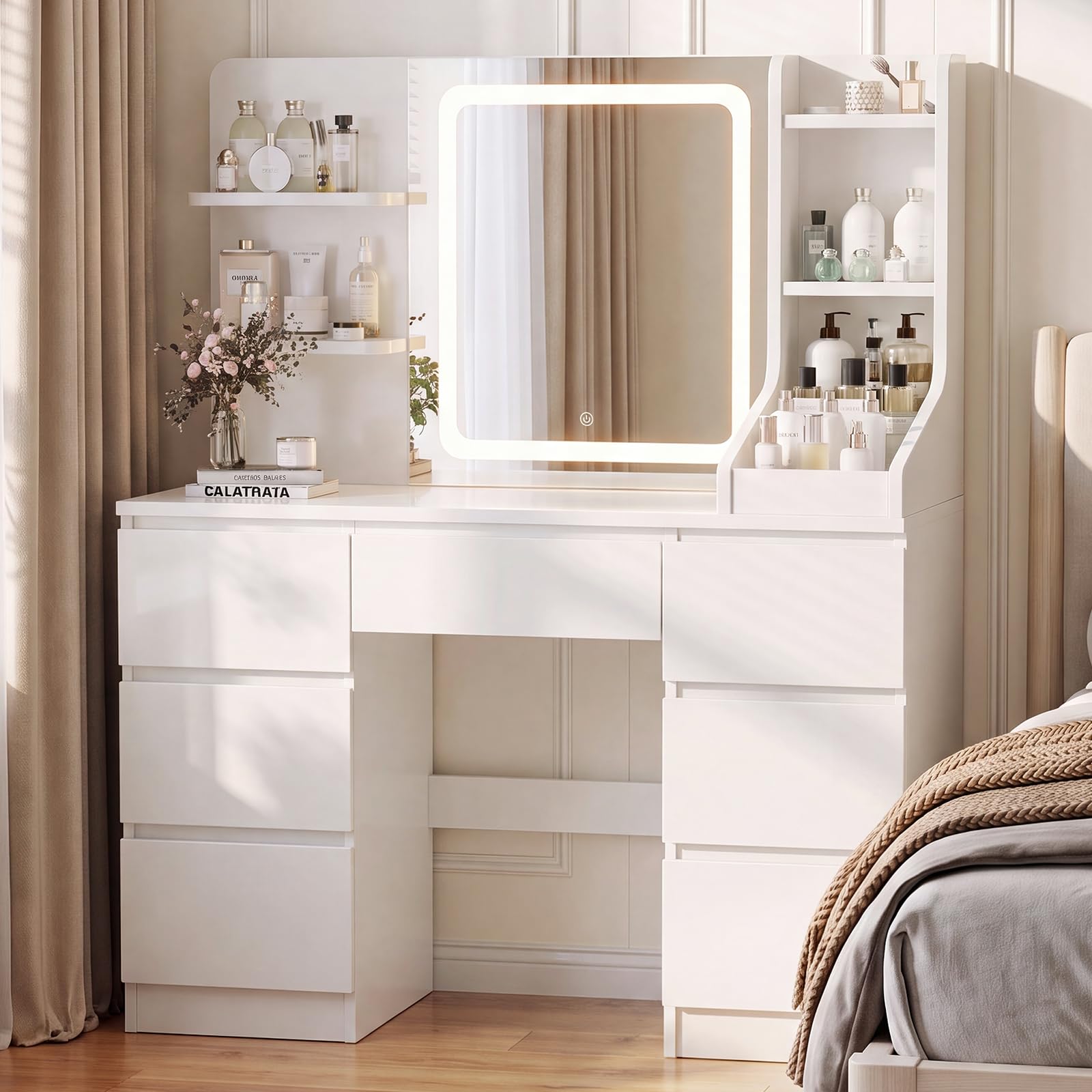 JUMMICO Dressing Table with LED Mirror,Adjustable Brightness,Vanity Table with Large Storage,Makeup Desk with 7 Drawers and 4 Shelves,Modern White
