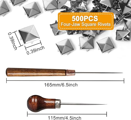 Miniatura 2 de SBYURE 500 tachuelas cuadradas de 0.394 pulgadas para ropa, tachuelas de pirámide plateadas, cuatro mandíbulas para ropa con 2 herramientas de