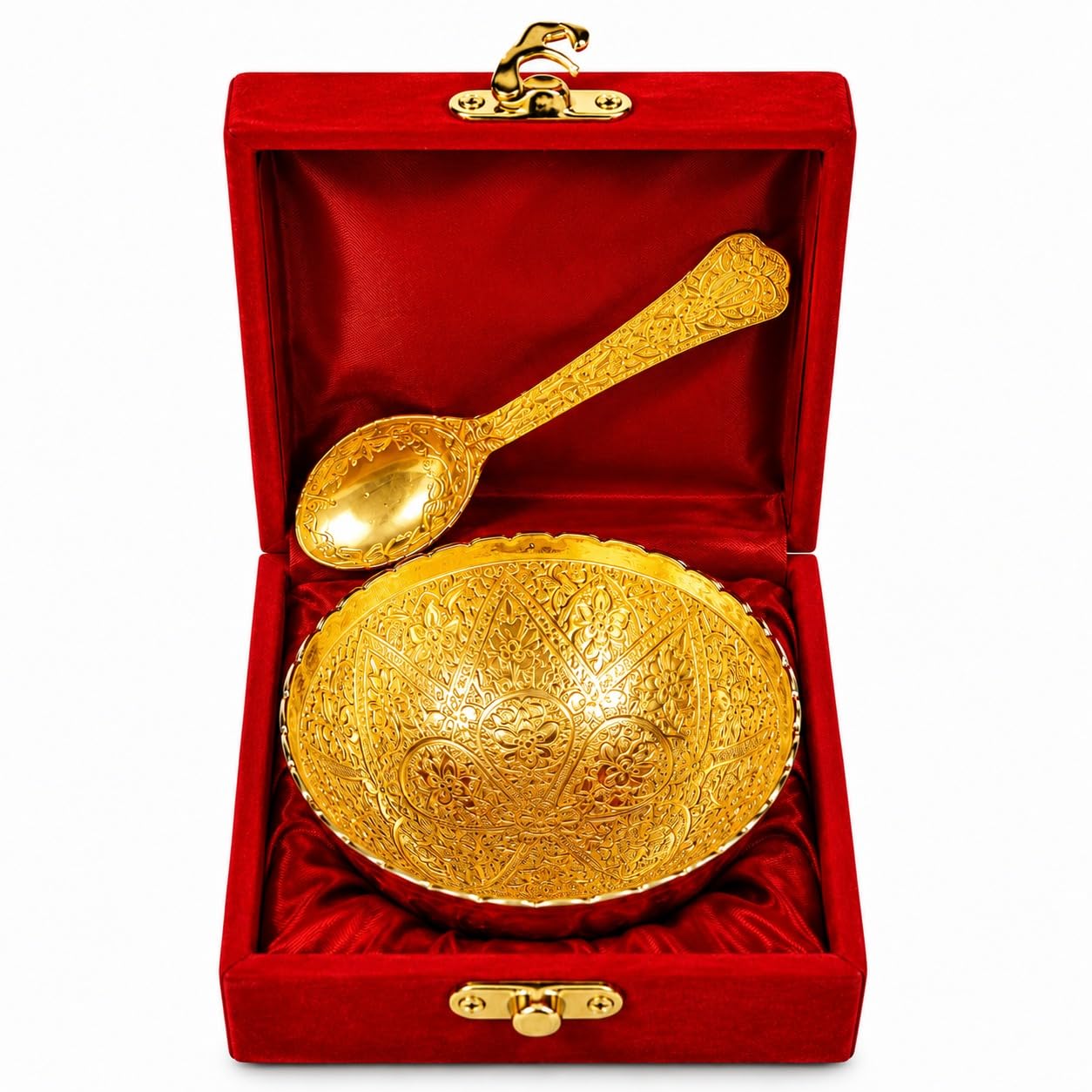 Gold-Plated Brass Bowl and Spoon Set in Red Velvet Box | Intricate Floral Engraving, Red Velvet Box, Bowl & Spoon Set, Festive Decor, Traditional Craftsmanship-image-15