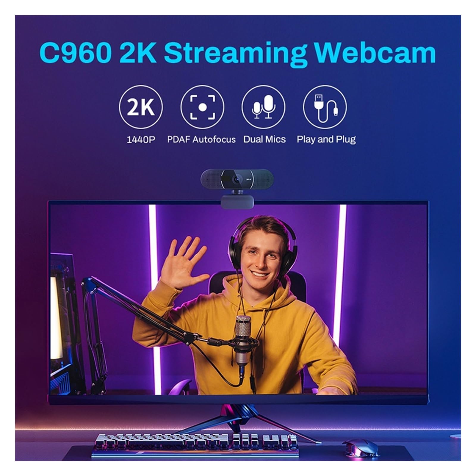 Kamera internetowa 2K 1080P 60FPS do transmisji strumieniowej Autofokus C960 USB z mikrofonami Spotkania i transmisje strumieniowe