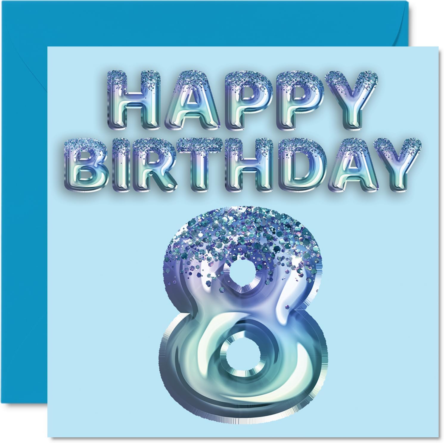 Stuff4 8th Birthday Card for Boys - Blue Glitter Party Balloon - Happy Birthday Cards for 8 Year Old Boy Grandson Son Brother Nephew, 5.7 x 5.7 Inch Eight Eighth Bday Greeting Cards Gift