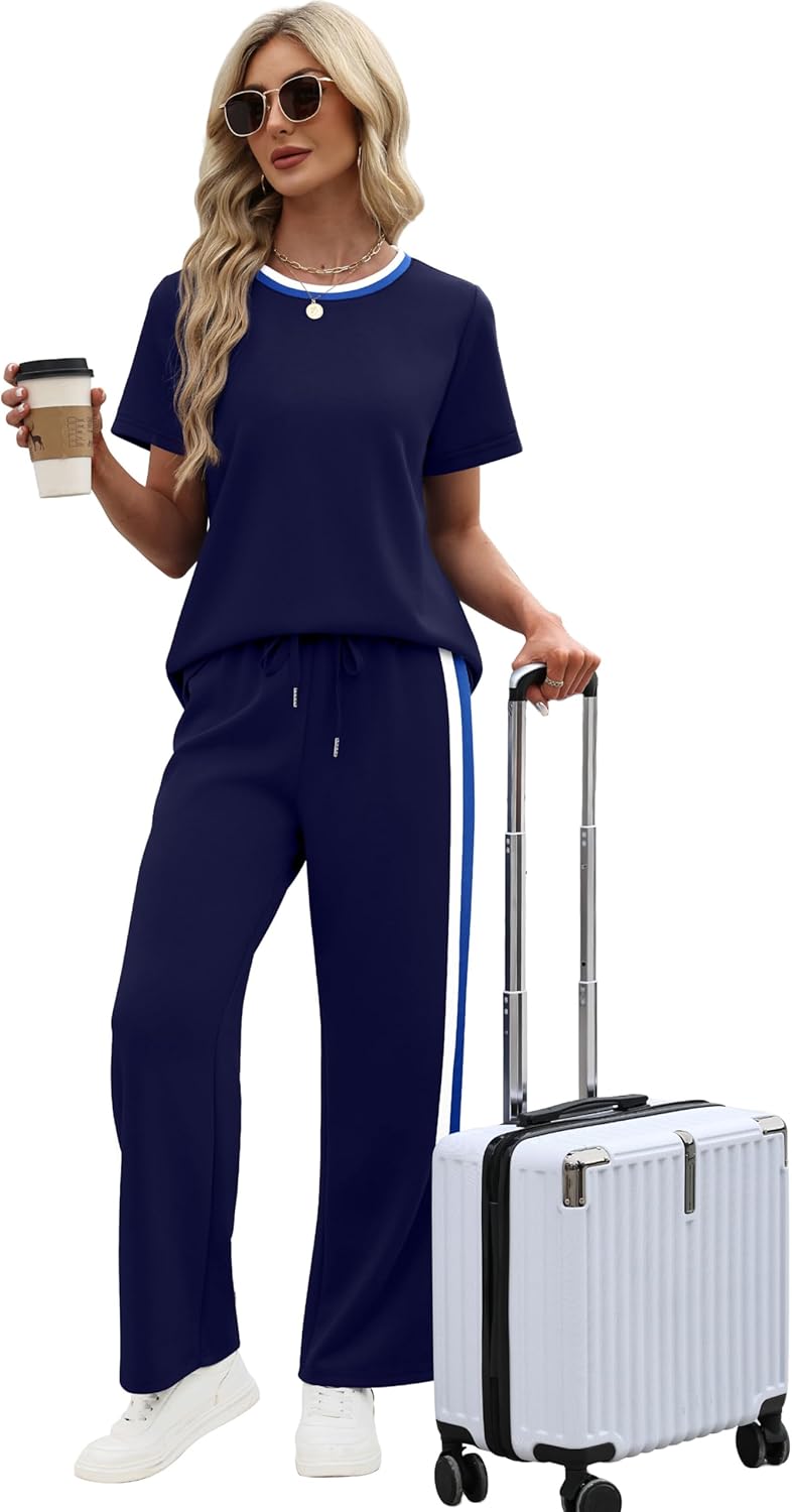 WIHOLL 2 Piece Lounge Sets for Women Matching Set Summer Outfits Short Sleeve Tops Wide Leg Pants with Pockets - Image 3