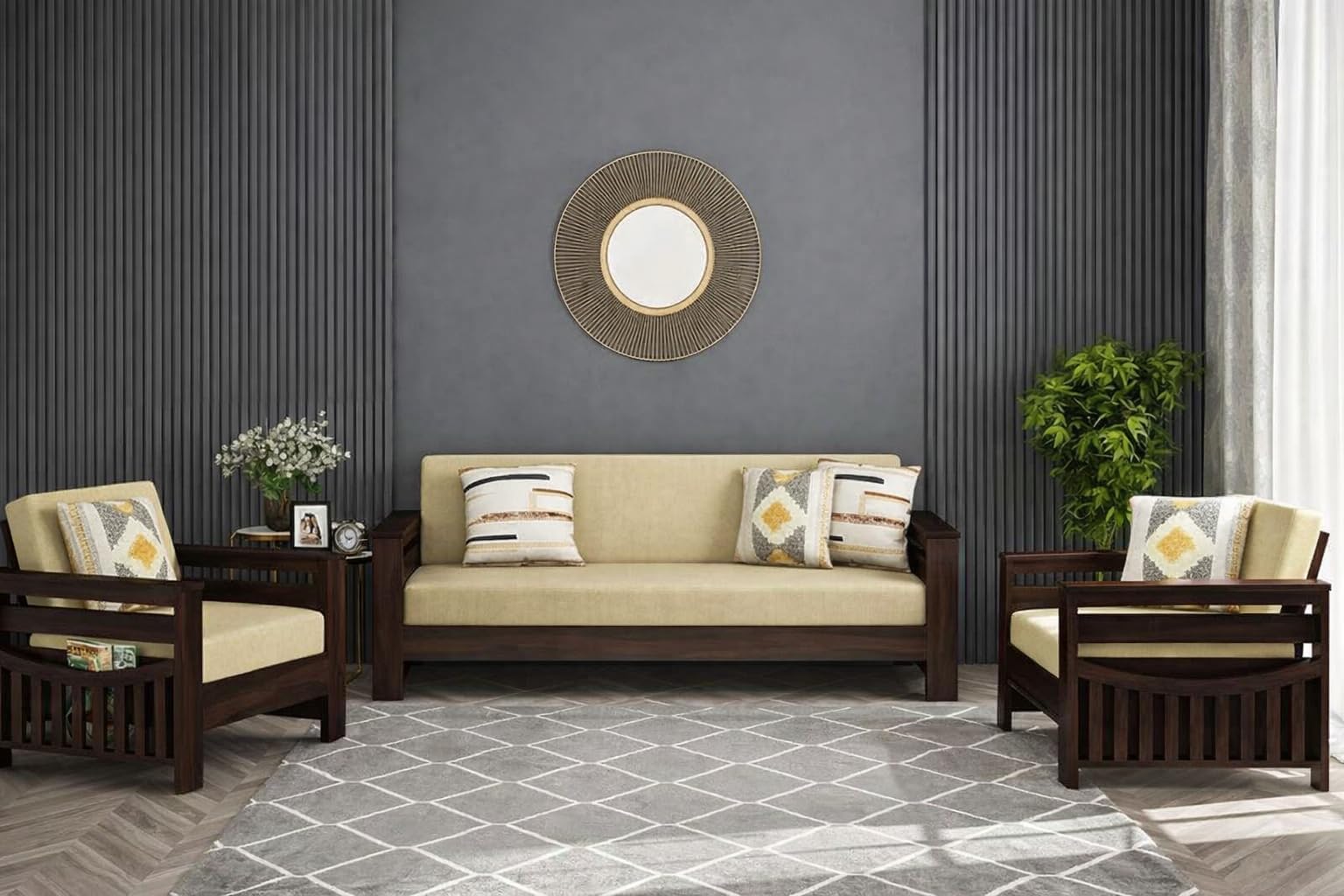 Solid Teak Wood Sofa Set | 5 Seater Wooden Sofa for Living Room | Teak Wood Sofa 3+1+1 with Cushion | Durable & Comfortable Wooden Furniture-image-30