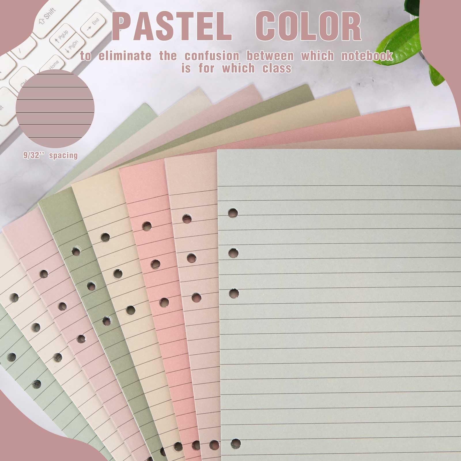 PerKoop 8 Stück liniertes Nachfüllpapier, A5, farbig, 6 Ringbucheinlagen, 6 Löcher, Notizbuch, Nachfüllpapier, 21,6 x 14,7 cm, lose Blätter (Morandi-Farbe)