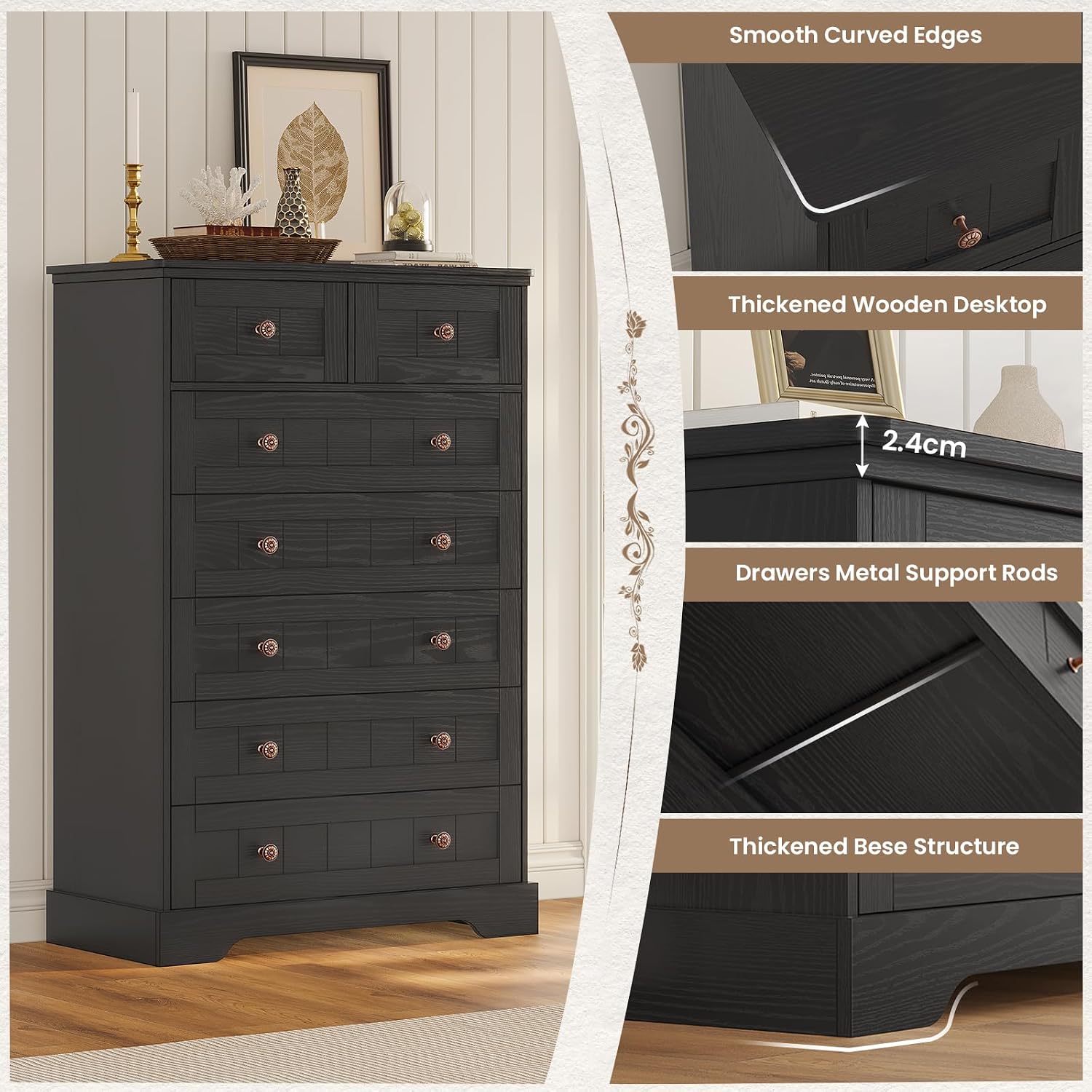 Dresser construction details: smooth edges, thickened desktop, metal support rods, thickened base