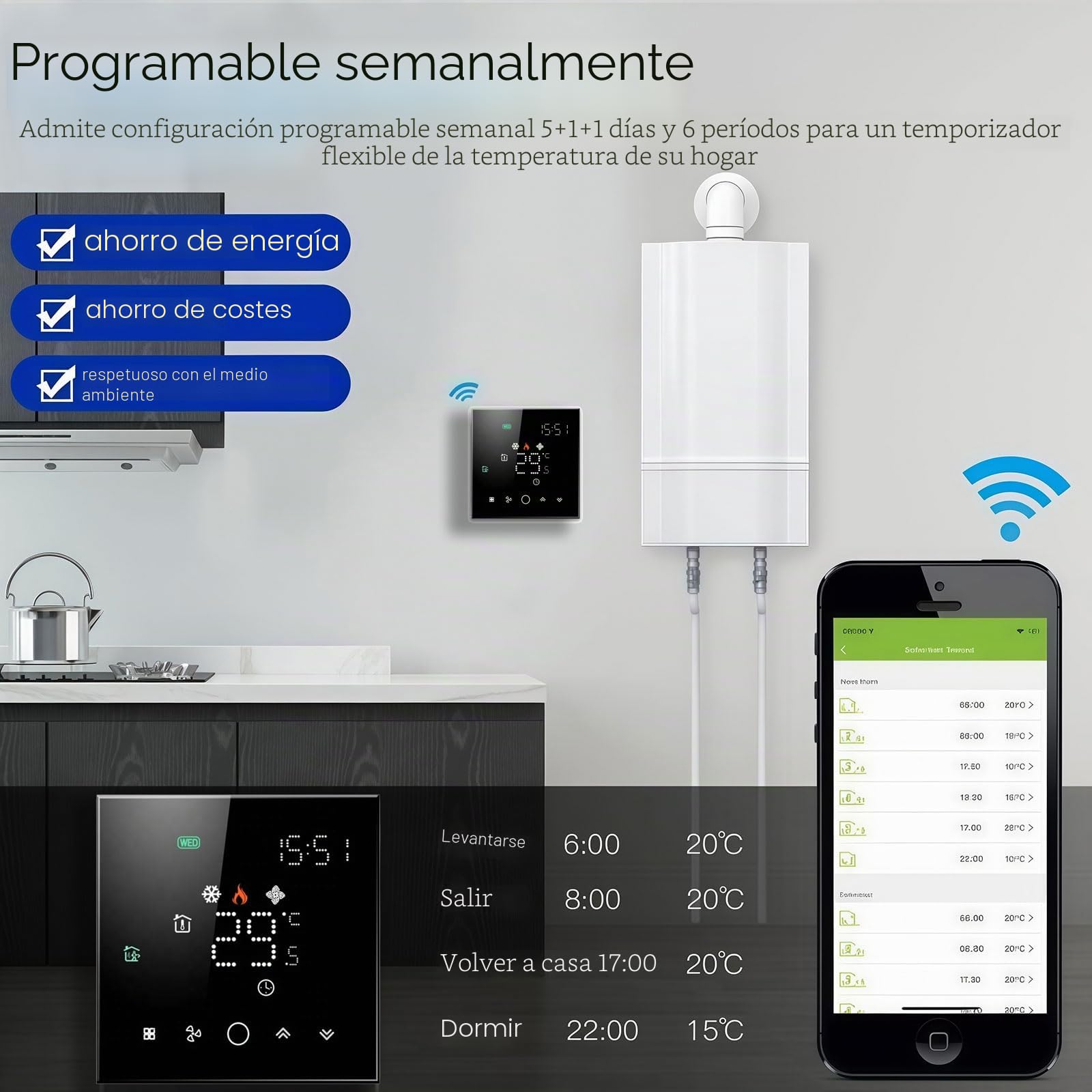 003 Serie Wi-Fi Termostato - Termostato con Pantalla Táctil para Calefacción de Agua, Electricidad y Calderas - Control Remoto Desde Teléfono Móvil Compatible con Alexa, Google Home e IFTTT
