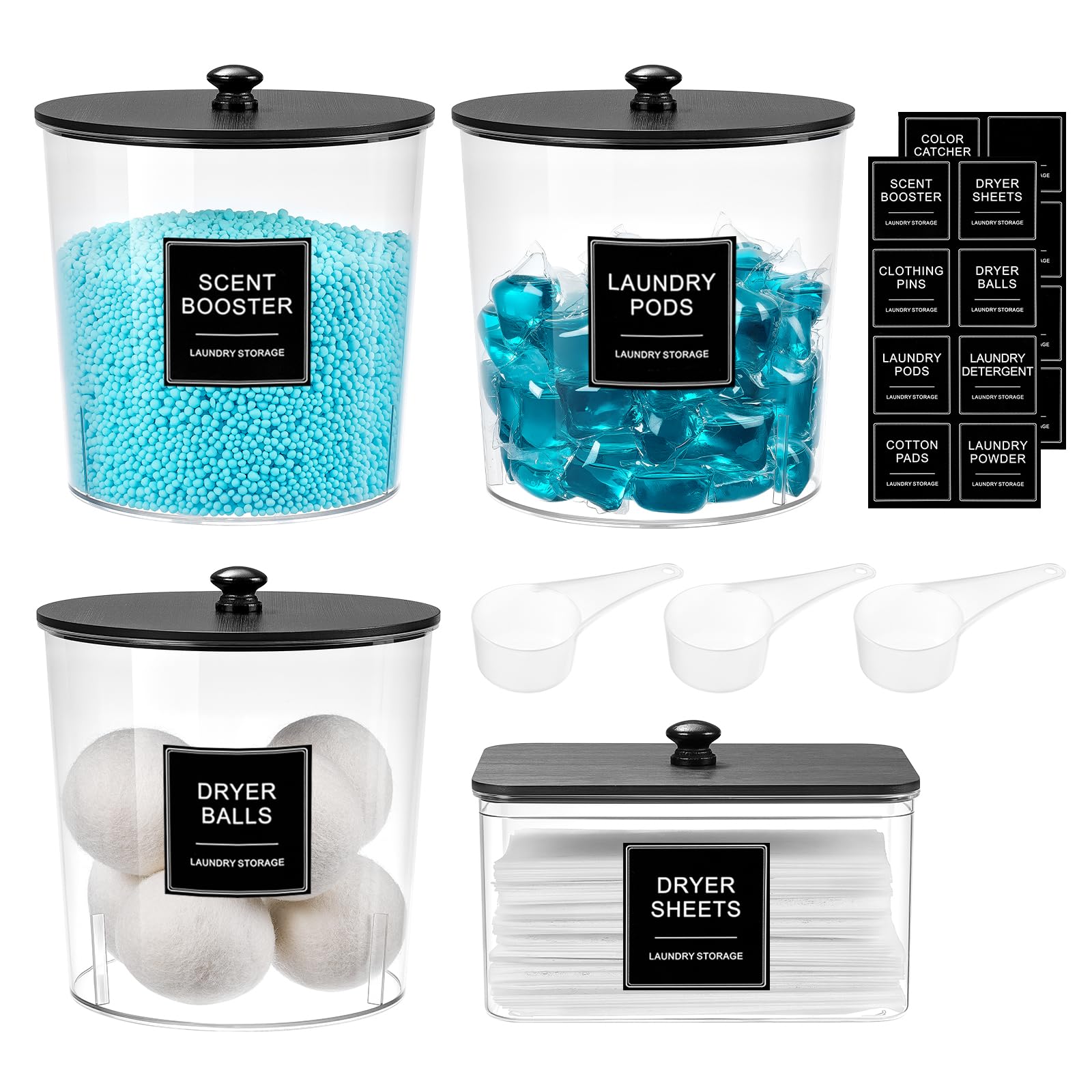 Photo 1 of ***MISSING PARTS*** SACIOVEE Laundry Pods Container & Dryer Sheet Holder, Laundry Room Organization and Storage Jars with Lids, Labels & Scoops for Powder Detergent Scent Booster, Black Lid