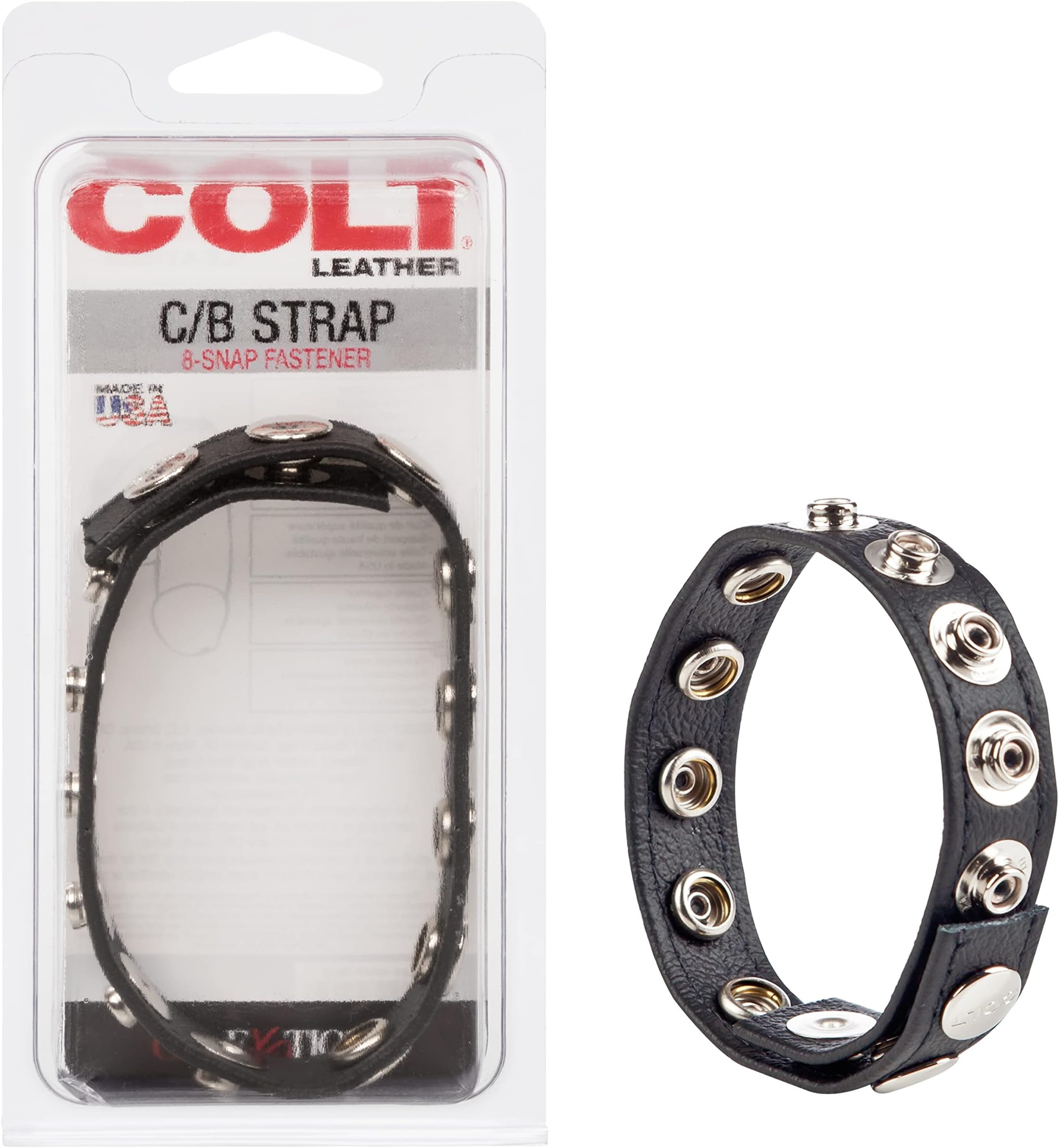 CalExotics COLT 8-Snap Fastener Leather Strap, Penis Ring with Adjustable Secure Snaps and Superior Support - Black
