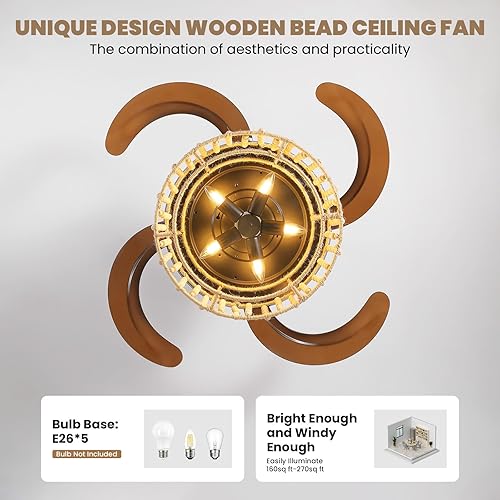 Miniatura 7 de Ventilador de techo retráctil de 48 pulgadas con luces y control remoto, ventilador de araña reversible bohemio con cuentas de madera, ventilador de