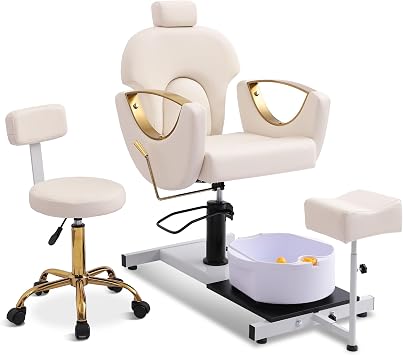 LOUVIXA Pedicure Station No Plumbing, Hydraulic Pedicure Chair for Nail Tech, Height Adjustable Reclining Pedicure Station Unit, 360 Degree Swivel Foot Spa Chair with Massage Foot Bath White-Golden