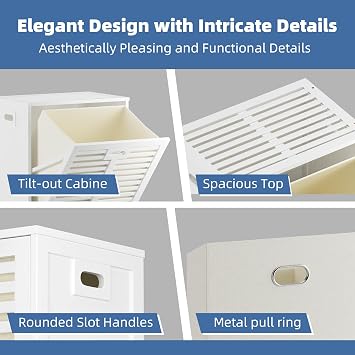 HITNET Tilt Out Laundry Hamper Cabinet, Bathroom Laundry Cabinet with Removable Basket, Space Saving Freestanding Bamboo Storage Organizer for Towels and Toys, White