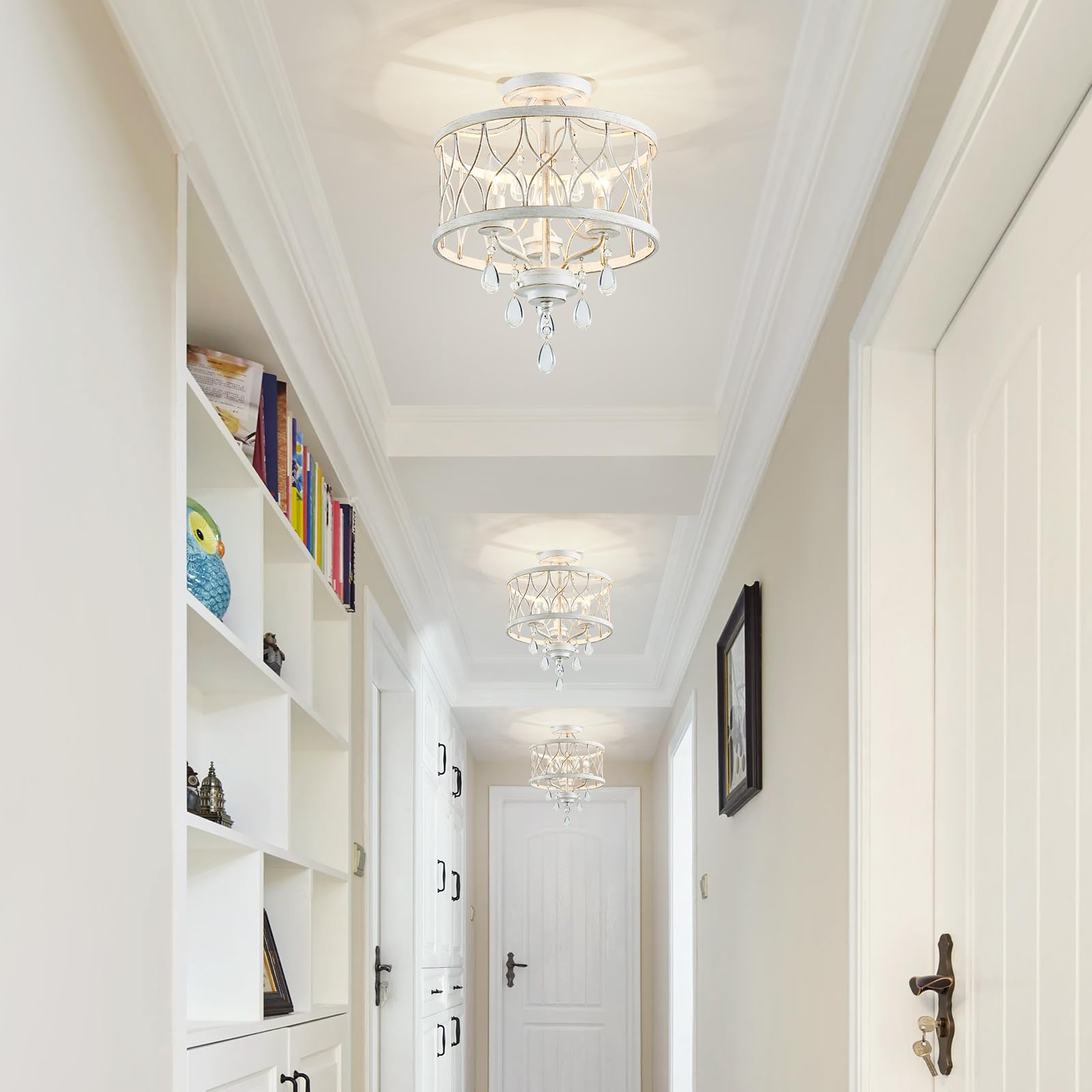 WUZUPS lámpara 3-luz vintage granja industrial Semi-Flush montaje lámpara de techo luminaria para vestíbulo dormitorio pasillo habitación de almacenamiento, H 40,6 x W 32,5, E14 Base, blanco antiguo
