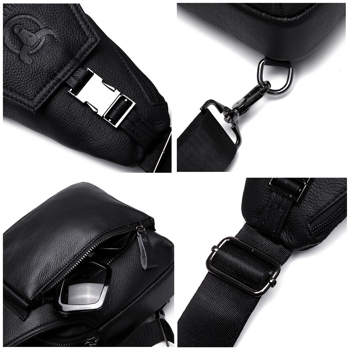 Bolso de pecho de cuero genuino para hombre, bolso cruzado de hombro, bandolera, mochila de mensajero, mochila para negocios, casual, deporte, senderismo, viajes, negro, Negro - 4