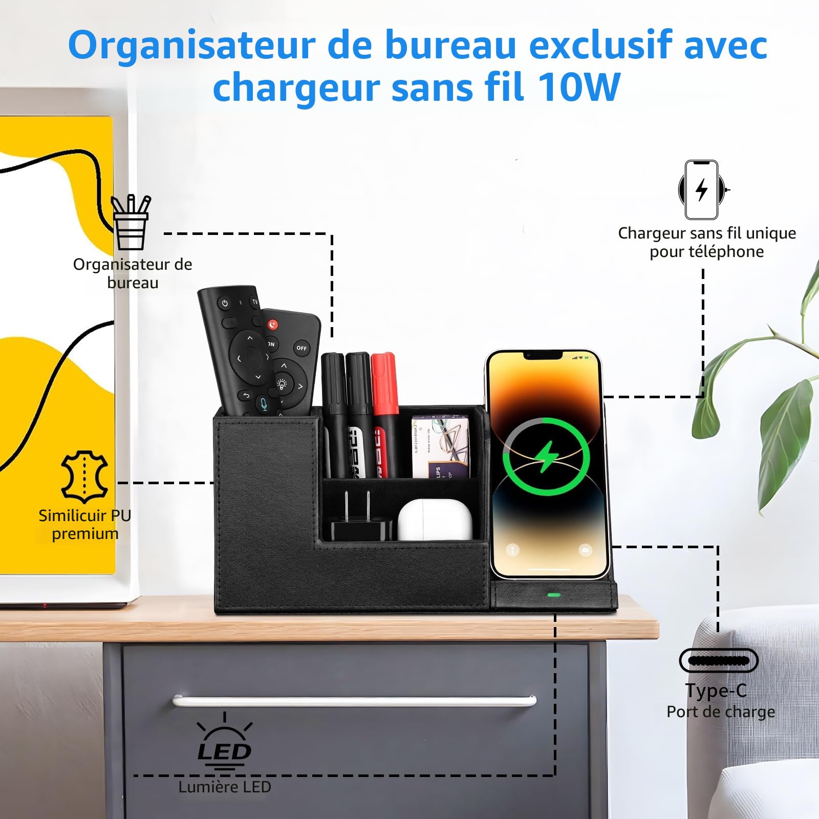 GORESE Organiseur de bureau 2 en 1 avec chargeur sans fil rapide, fournitures de bureau, station de charge inductive 10 W pour iPhone 15 14 13 12 Pro Max Samsung Galaxy S23/S22/S21/S20/S9