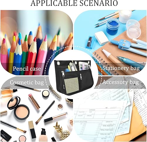 Miniatura 7 de Estuche de gran capacidad para carpeta de 3 anillas, bolsas expandibles con cremallera, 3 compartimentos para organizadores de oficina (negro)