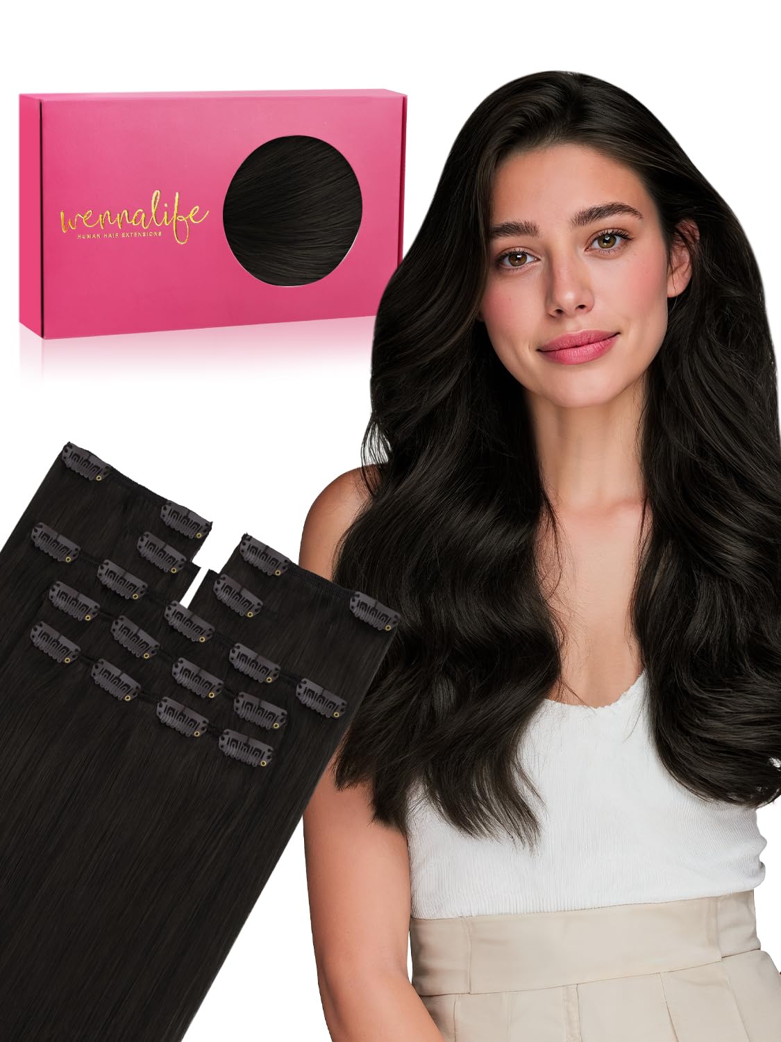 WENNALIFE Clip in Extensions Echthaar, Extensions echthaar in Remy hair extensions clip in Natürliche, 85g 7pcs 30cm Haarverlängerung Echthaar, #1B Natürliches Schwarz