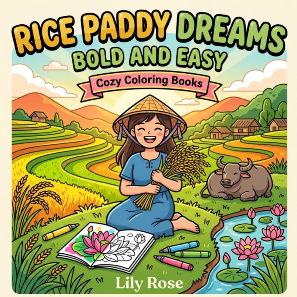 Rice Paddy Dreams: Coloring Book for Adults, Bold and Easy: 40 Simple and Serene Designs Featuring Terraced Fields, Harvest Scenes, Water Buffalo, Lotus Ponds and Village Life for Relaxation