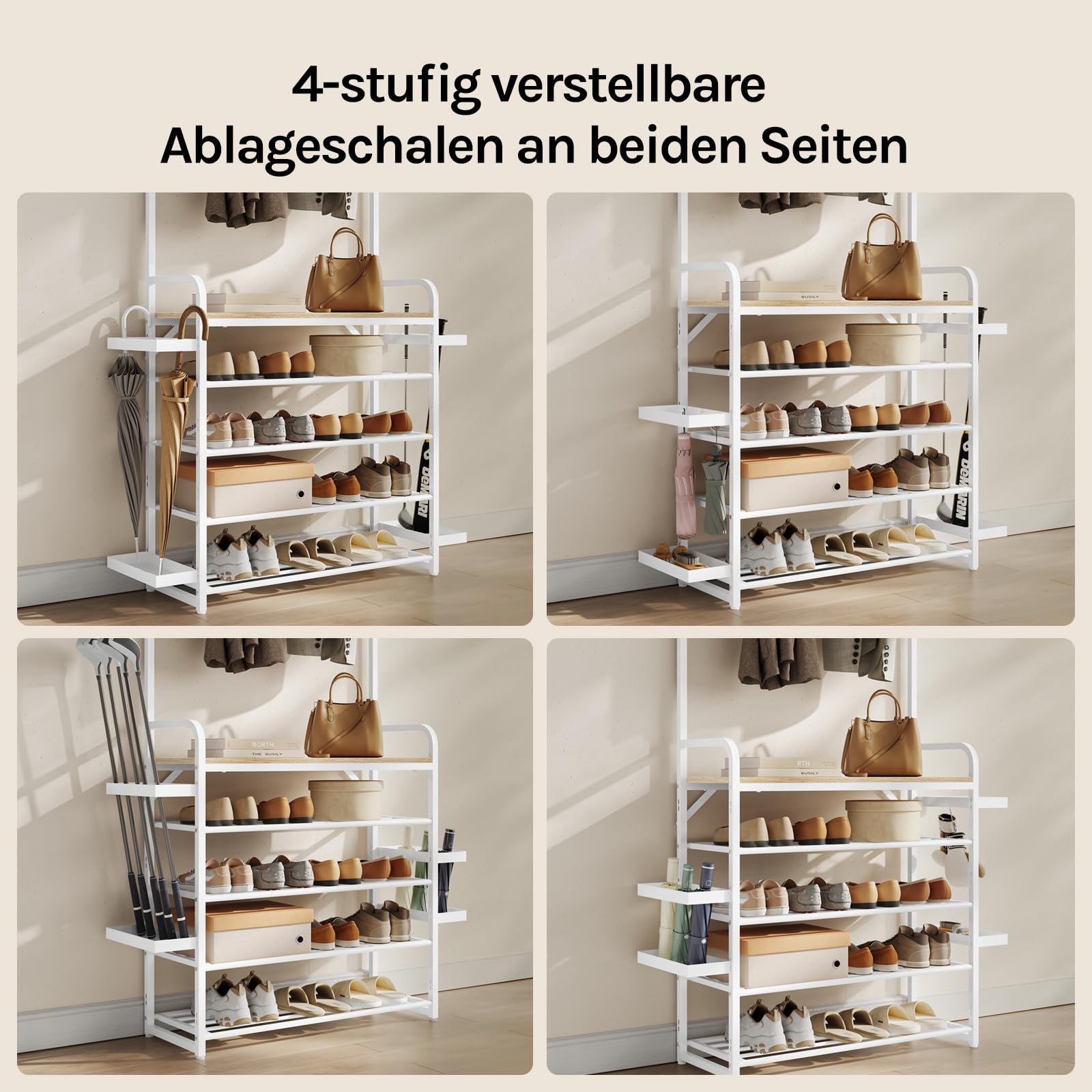 WOLTU Kleiderständer, Garderobenständer mit Schuhregal, 9 Doppelhaken, Seitenablageschalen, für Flur Schlafzimmer, 80x190x30 cm, Helle Eiche + Weiß