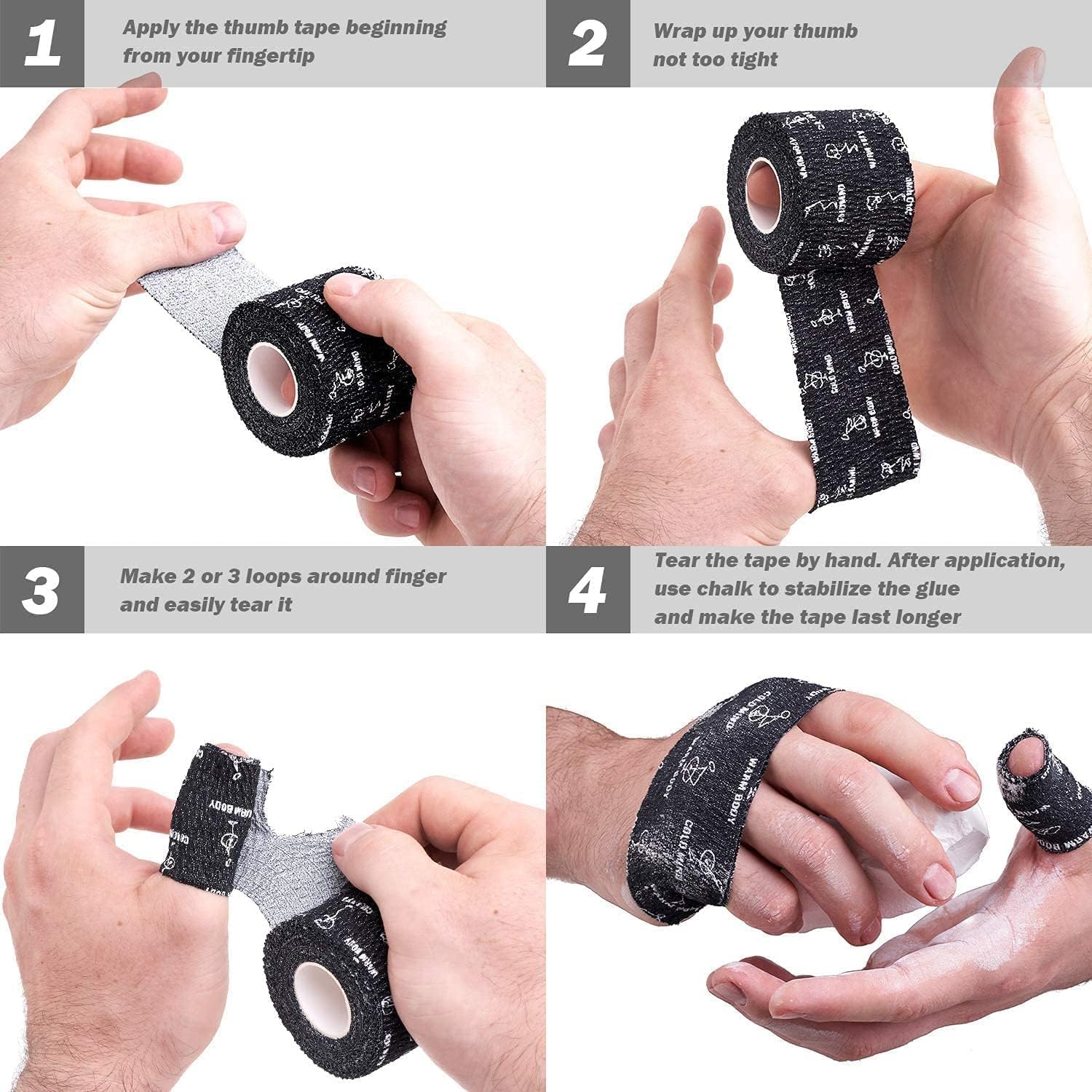 WARM BODY COLD MIND 3,8 cm Daumen Tape für Gewichtheben – Hook Grip Tape für Gym, Powerlifting, Deadlift, Krafttraining, Athletic Finger Wrap (12 Rollen Schwarz)