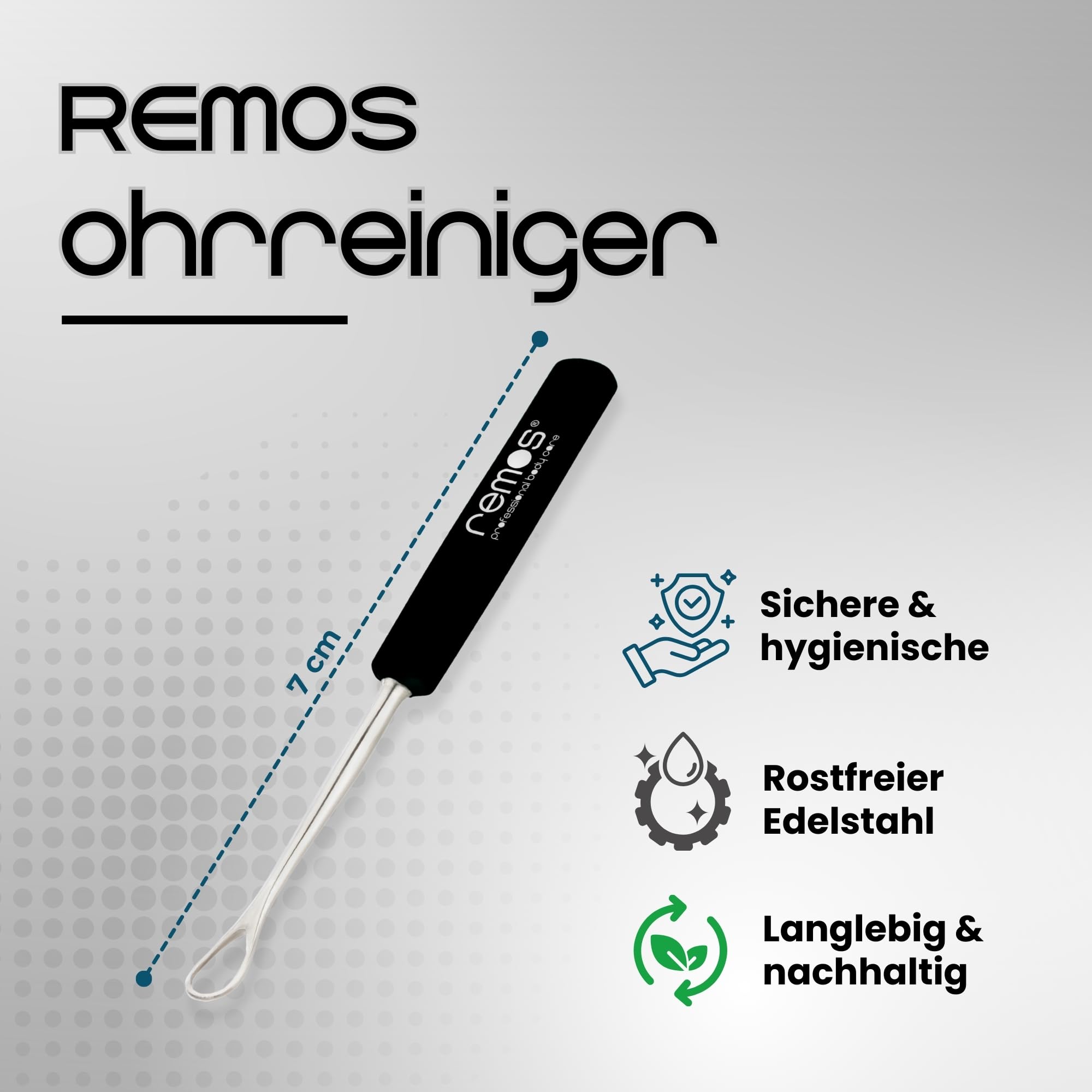 REMOS Limpiador de oídos de acero inoxidable | en negro| elimina el cerumen de forma segura y rápida | 7 cm