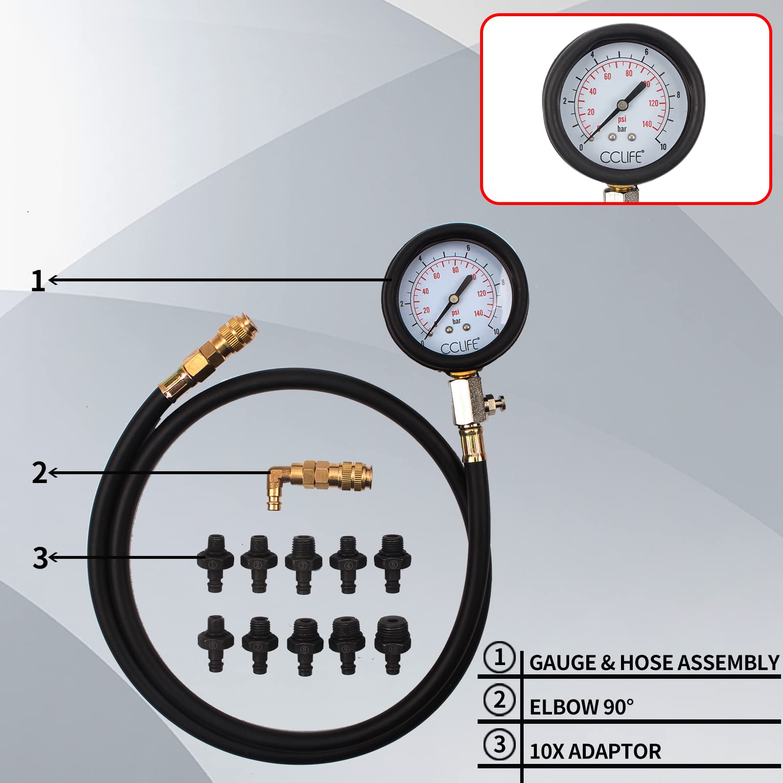 CCLIFE Set per Testare la Pressione della Benzina dell’Auto, Manometro per Carburante,0-10 bar, 0 – 140 PSI
